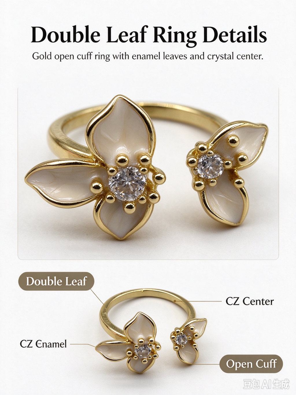 Gold Dual Flower Open Adjustable Ring, Cream Enamel Floral Ring with Sparkling CZ Centers for Women