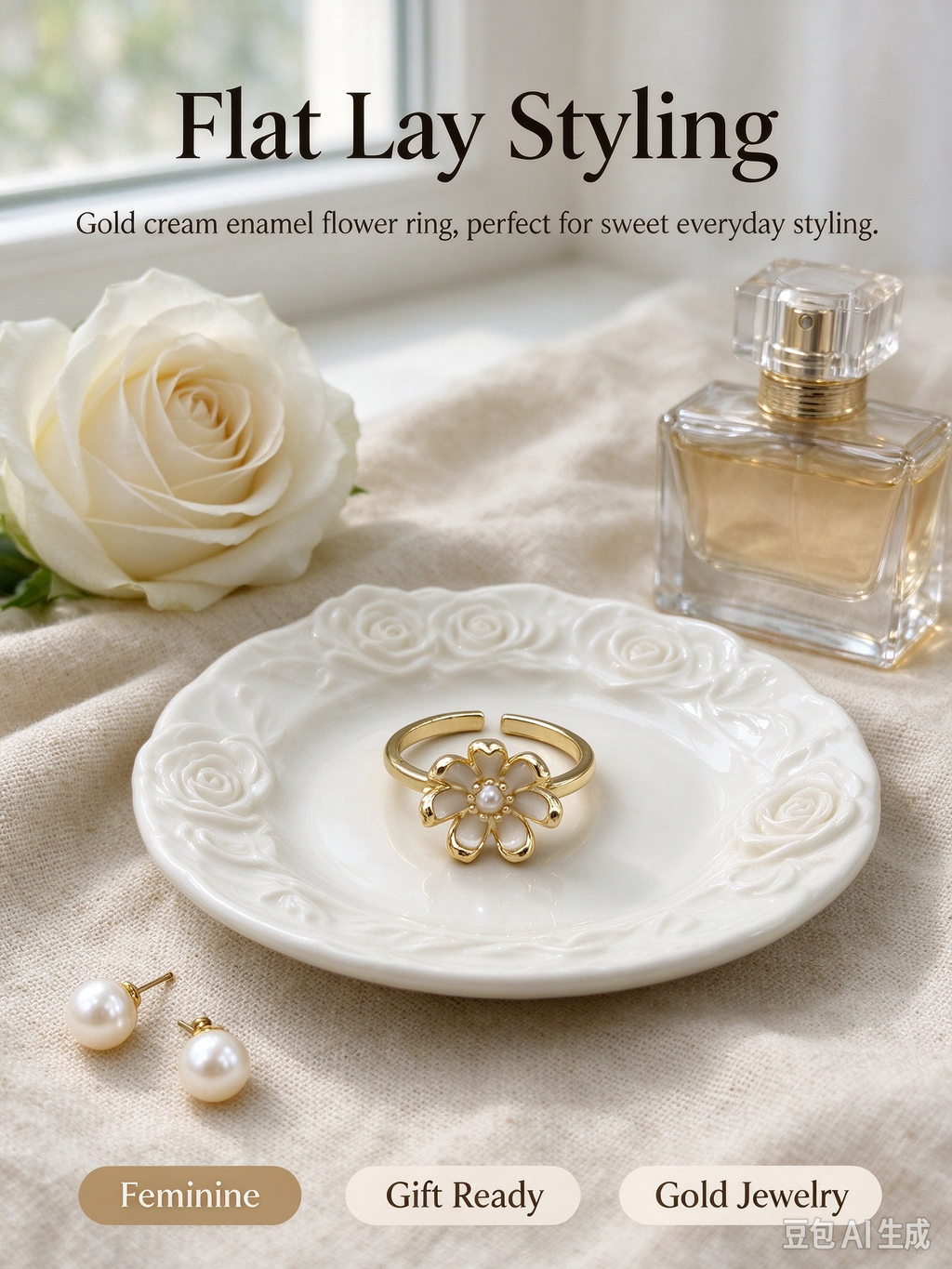 Mini Cream Enamel Flower Open Ring, Dainty Adjustable Floral Stackable Ring for Women