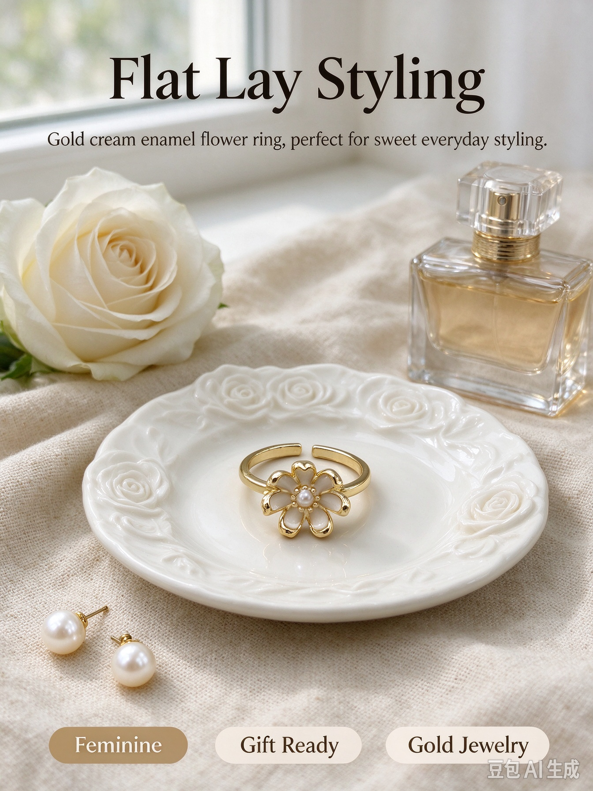 Mini Cream Enamel Flower Open Ring, Dainty Adjustable Floral Stackable Ring for Women