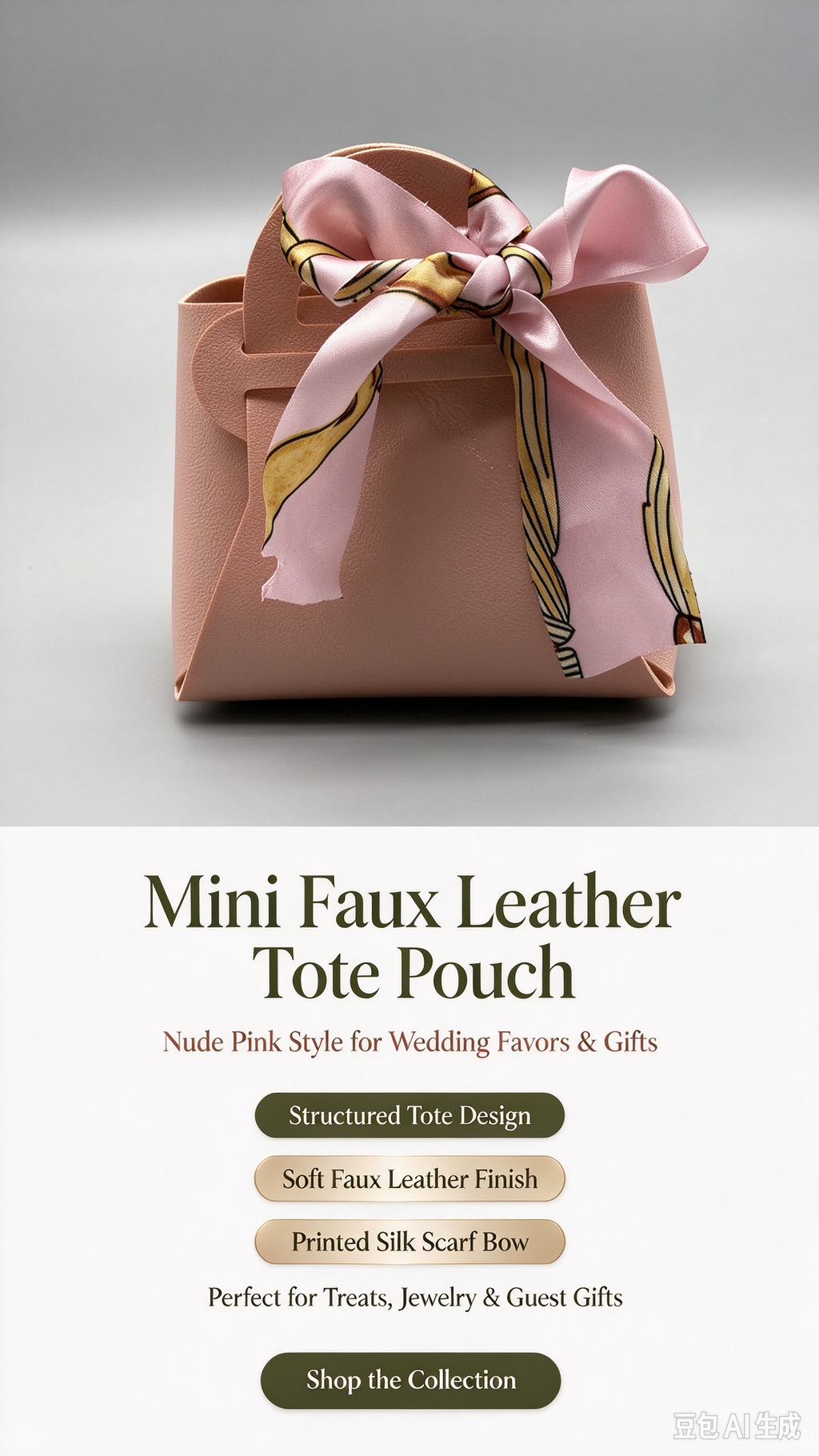 Nude Pink Mini Faux Leather Tote Pouch, Small Gift Bag with Printed Silk Scarf Bow for Wedding Favors, Bridal Shower, Party Candy &amp; Guest Gifts