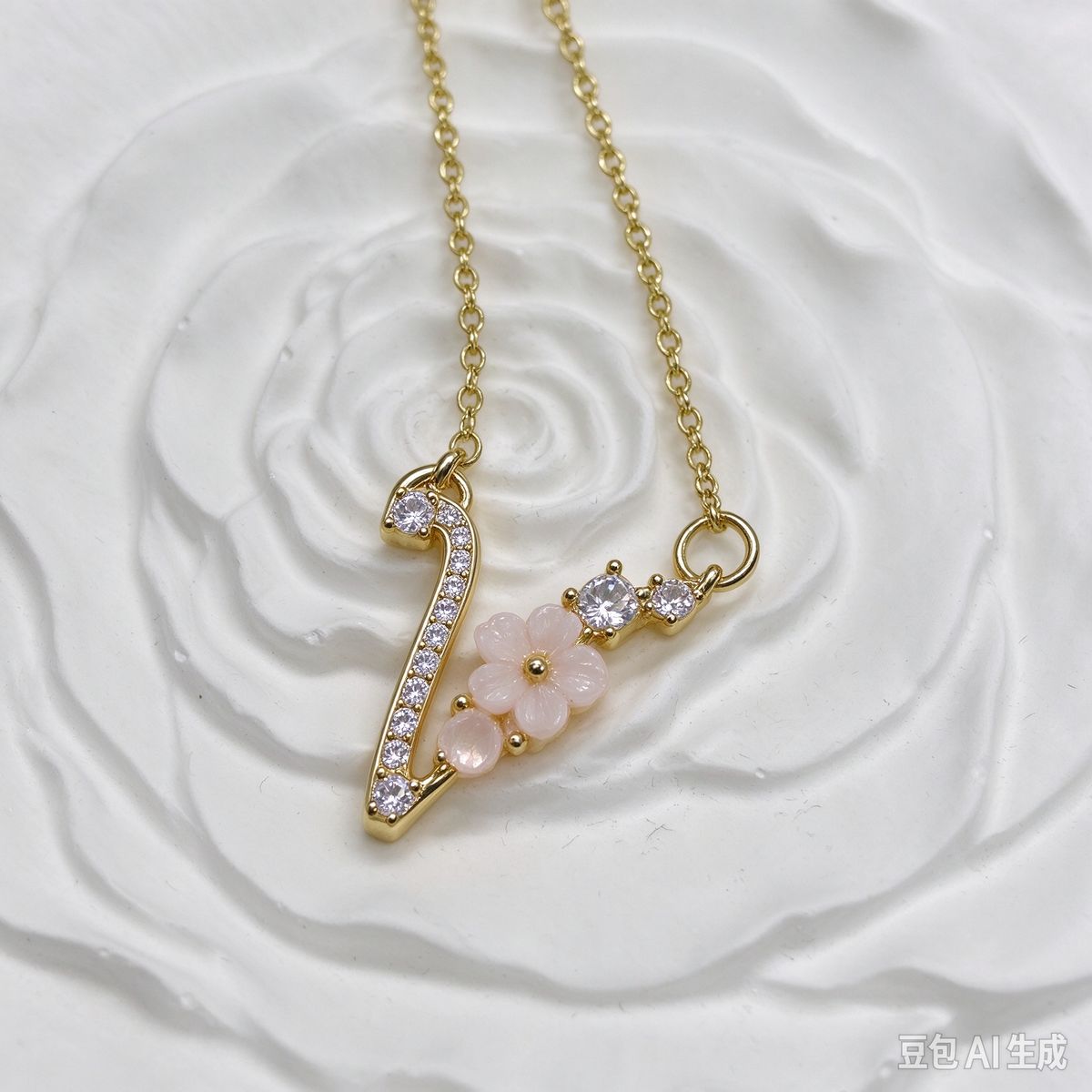 Dainty Gold Floral Letter V Initial Necklace, Pink Flower & Multicolor Crystal Pendant, Romantic Women Letter Jewelry Gift
