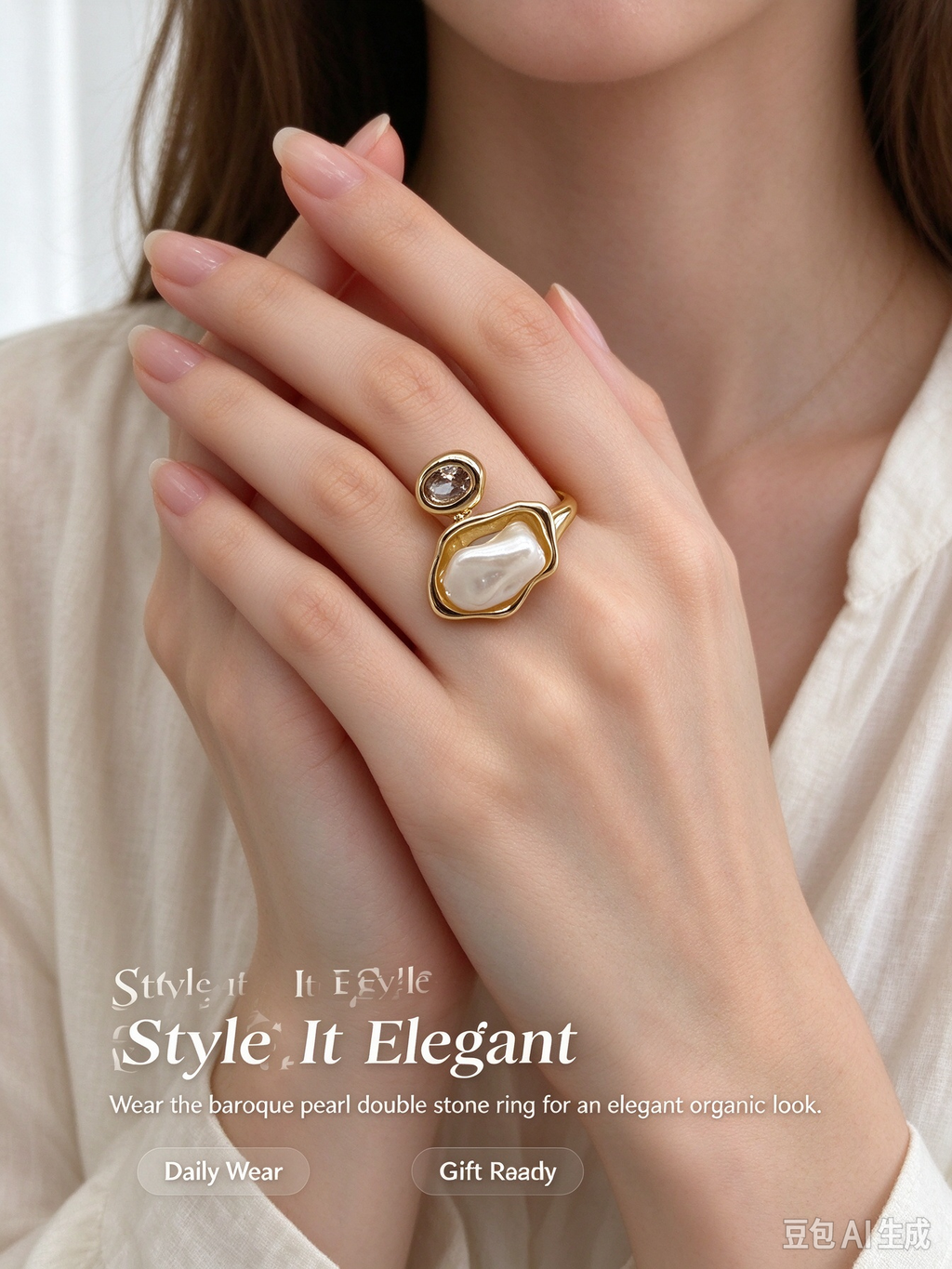 Gold Open Cuff Ring, Baroque Imitation Pearl with Oval CZ Crystal Asymmetrical Statement Ring for Women