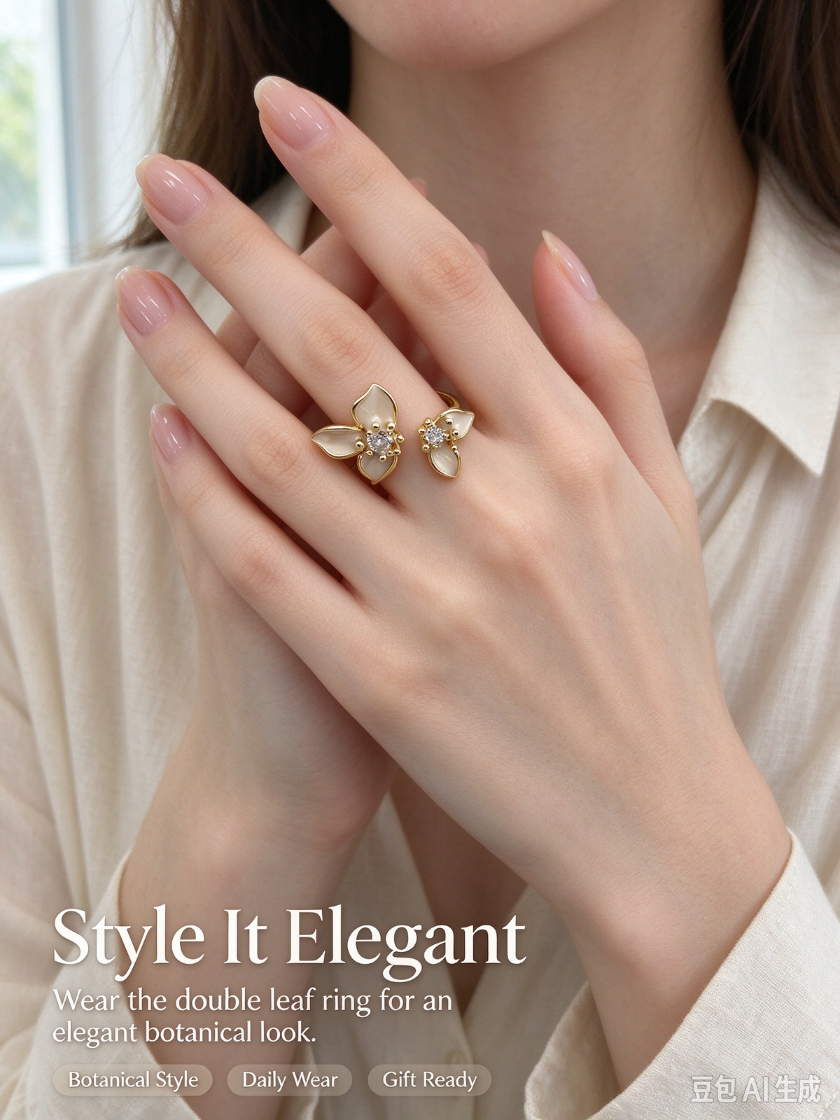 Gold Dual Flower Open Adjustable Ring, Cream Enamel Floral Ring with Sparkling CZ Centers for Women