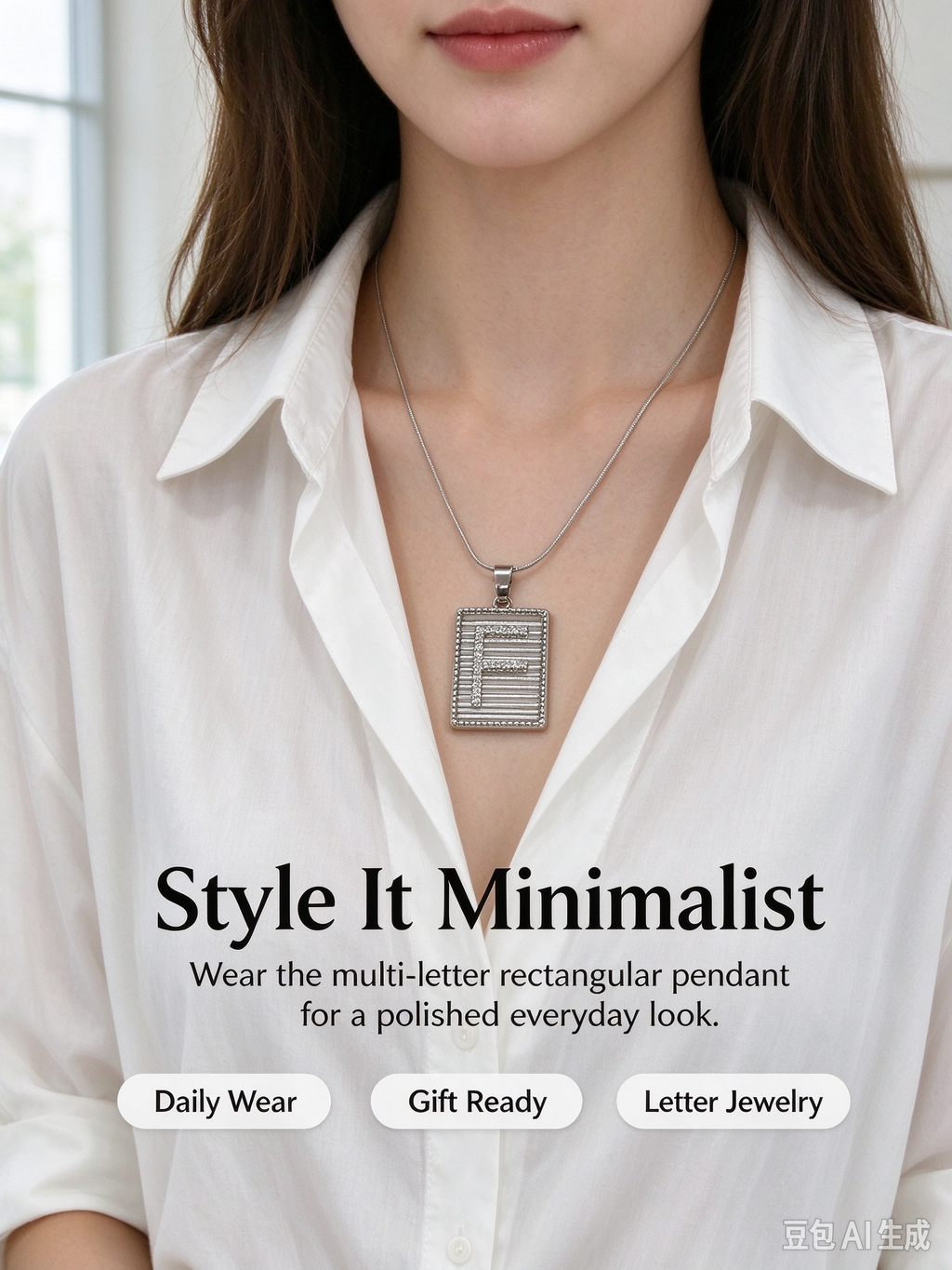 Square Striped F Initial Necklace, Silver Rhinestone Letter Pendant Snake Chain Necklace
