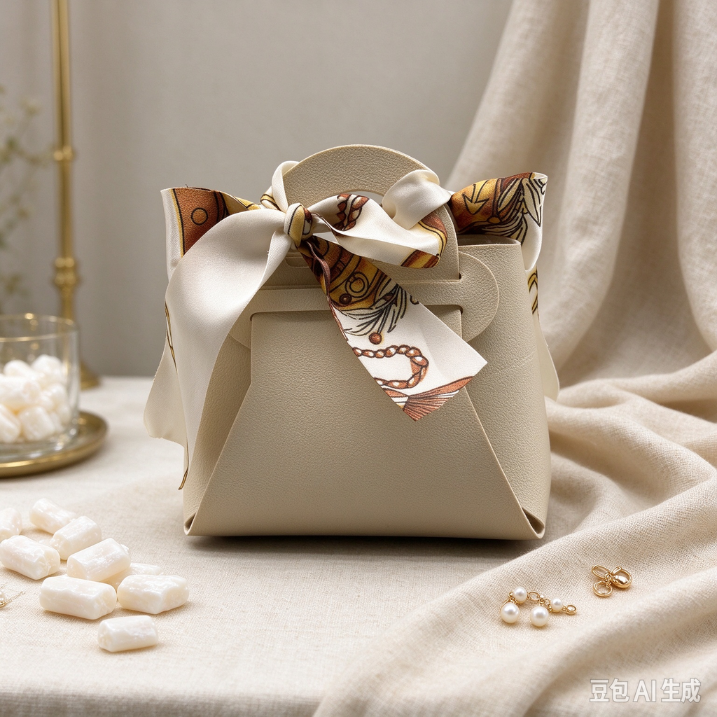 Beige Mini Faux Leather Tote Pouch, Small Gift Bag with Printed Silk Scarf Bow for Wedding Favors, Bridal Shower, Party Candy & Guest Gifts