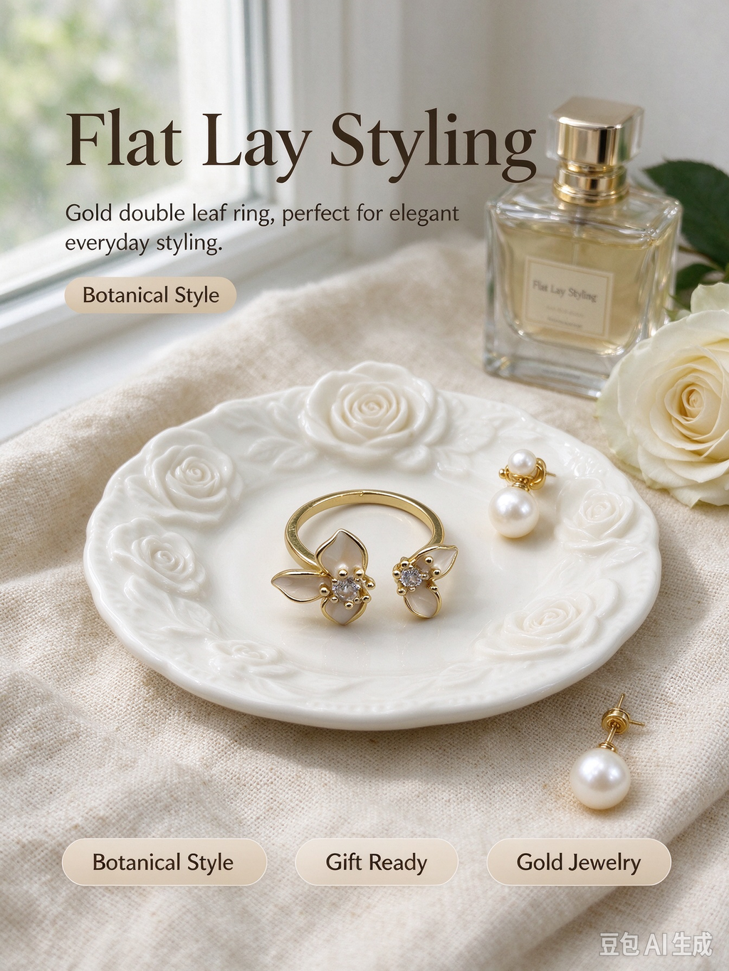 Gold Dual Flower Open Adjustable Ring, Cream Enamel Floral Ring with Sparkling CZ Centers for Women
