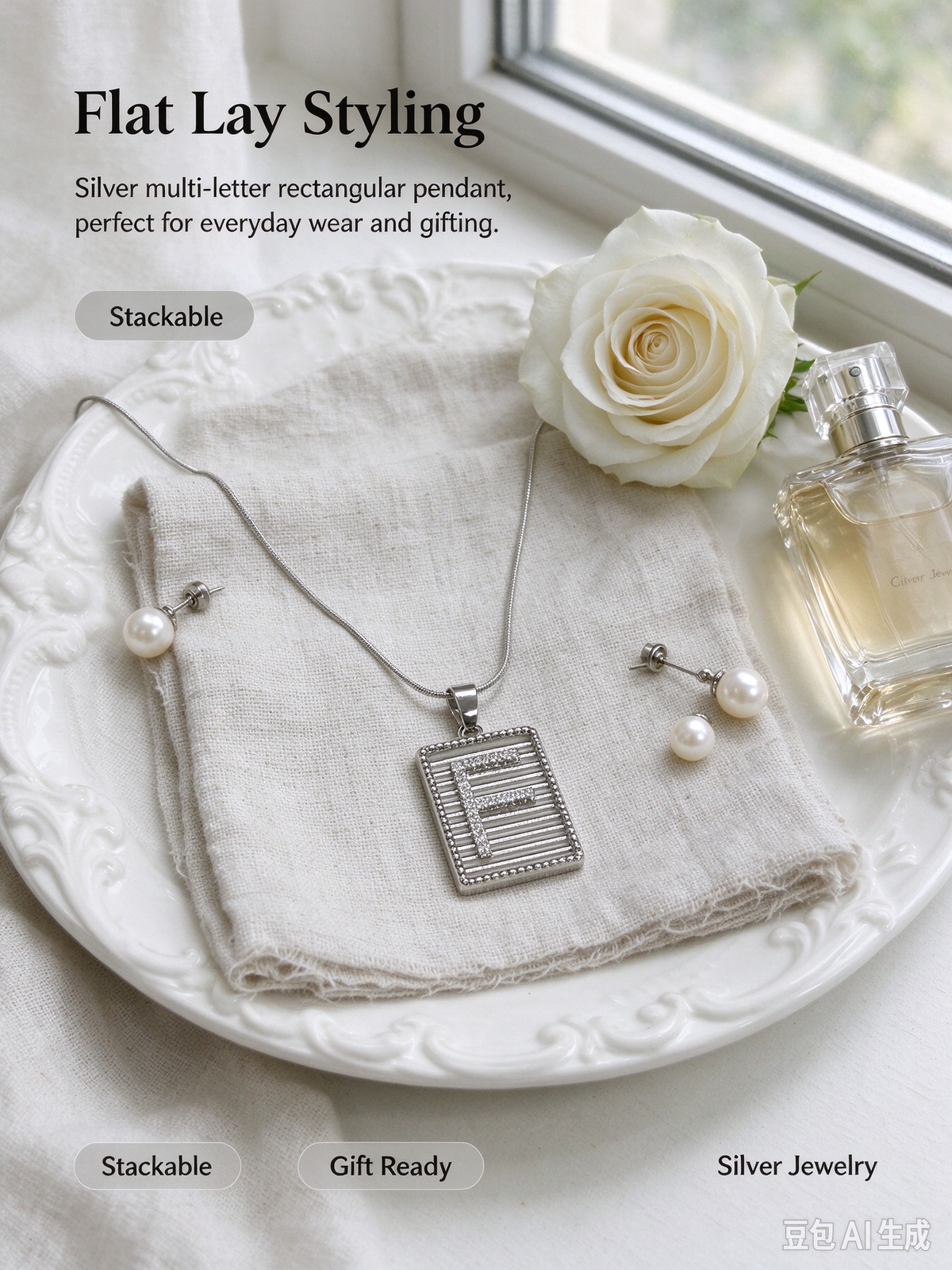 Square Striped F Initial Necklace, Silver Rhinestone Letter Pendant Snake Chain Necklace
