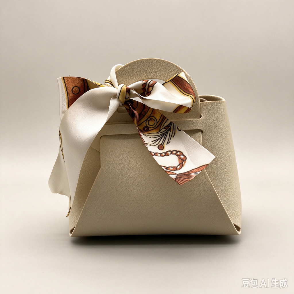 Beige Mini Faux Leather Tote Pouch, Small Gift Bag with Printed Silk Scarf Bow for Wedding Favors, Bridal Shower, Party Candy & Guest Gifts