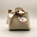 Beige Mini Faux Leather Tote Pouch, Small Gift Bag with Printed Silk Scarf Bow for Wedding Favors, Bridal Shower, Party Candy & Guest Gifts