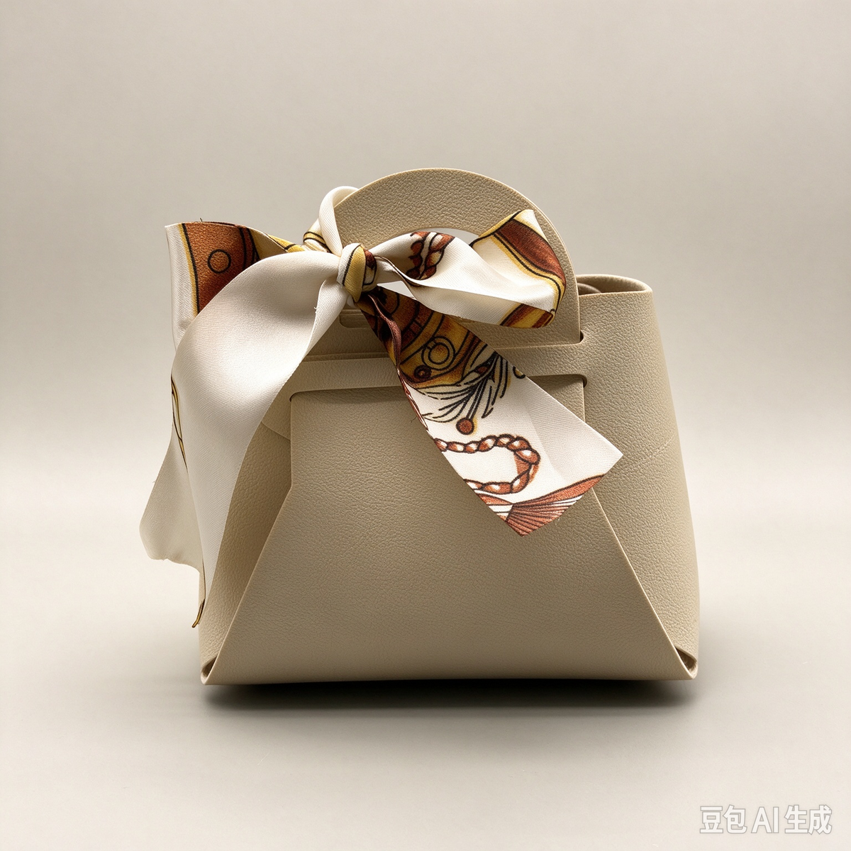 Beige Mini Faux Leather Tote Pouch, Small Gift Bag with Printed Silk Scarf Bow for Wedding Favors, Bridal Shower, Party Candy & Guest Gifts