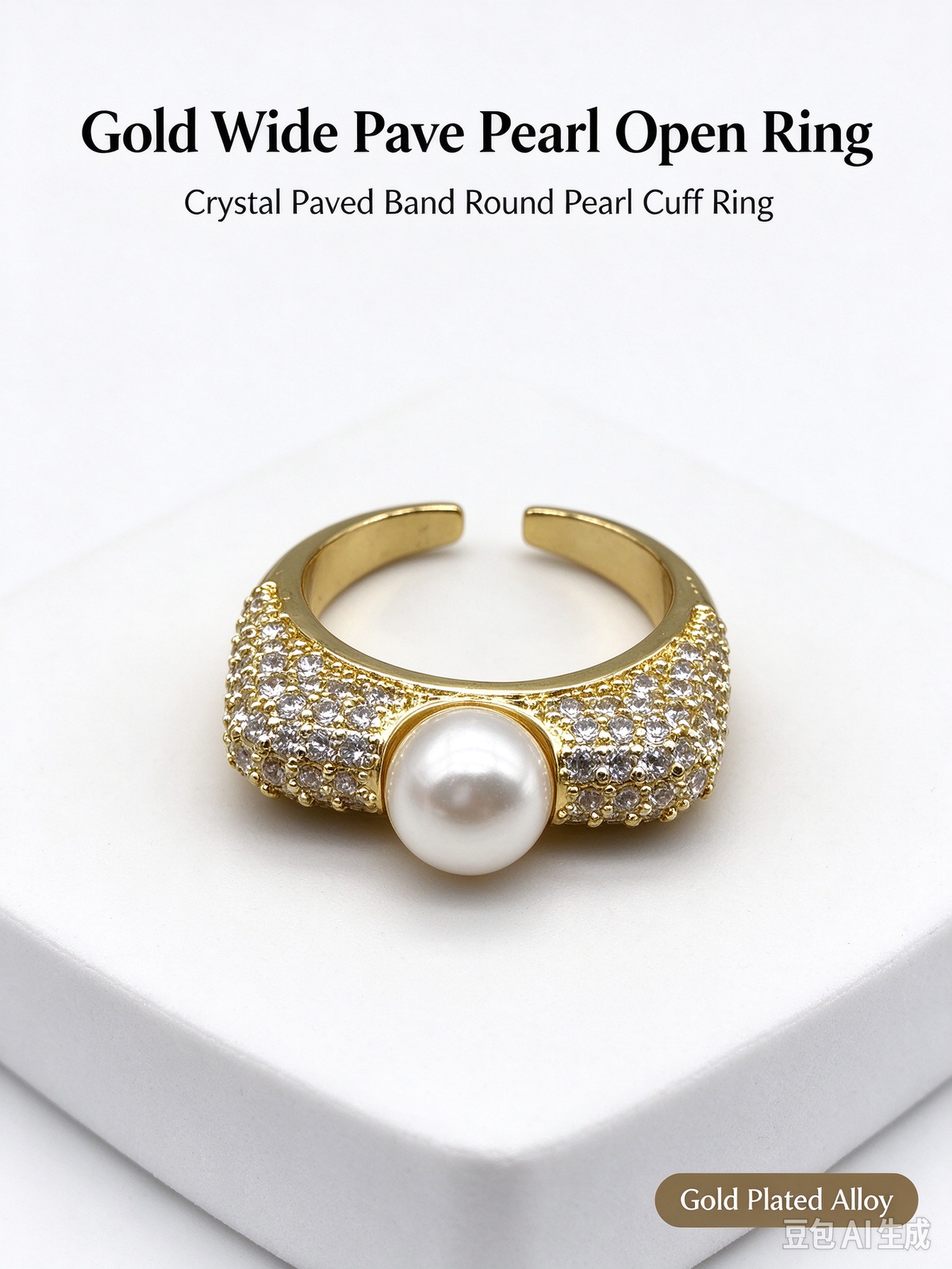 Pave CZ Encrusted Single Pearl Open Ring