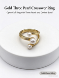 Gold Spiral Open Ring, Three White Imitation Pearls Twisted Band Adjustable Cuff Ring for Women