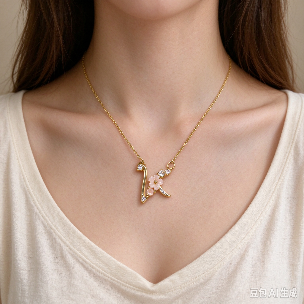 Dainty Gold Floral Letter V Initial Necklace, Pink Flower & Multicolor Crystal Pendant, Romantic Women Letter Jewelry Gift