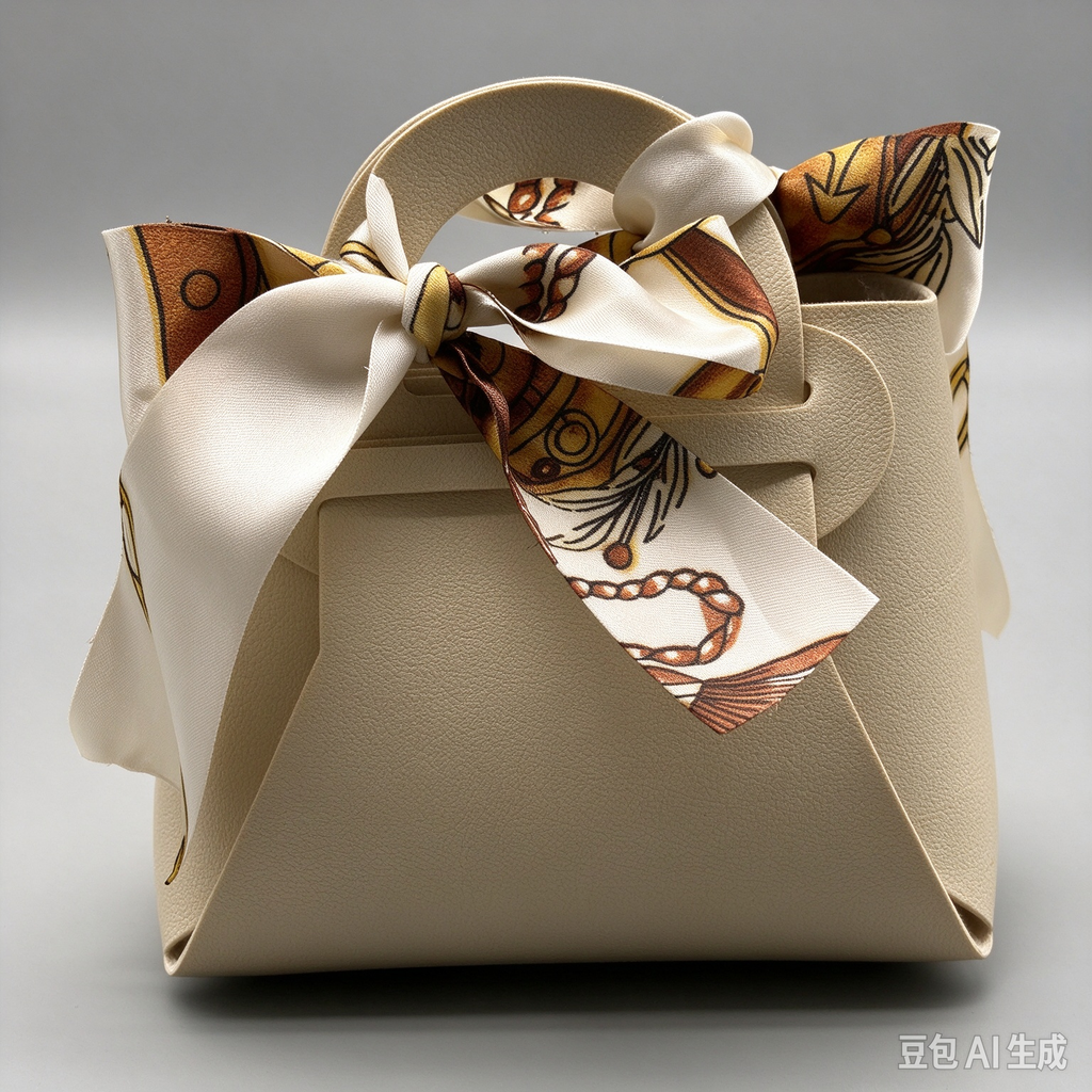 Beige Mini Faux Leather Tote Pouch, Small Gift Bag with Printed Silk Scarf Bow for Wedding Favors, Bridal Shower, Party Candy & Guest Gifts