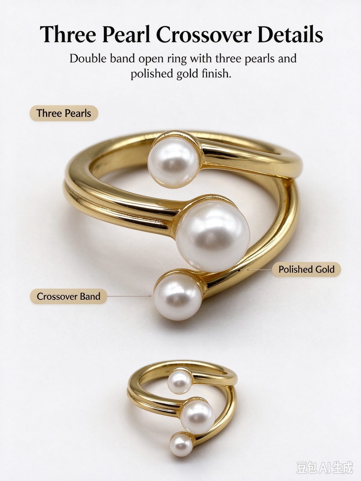 Gold Spiral Open Ring, Three White Imitation Pearls Twisted Band Adjustable Cuff Ring for Women