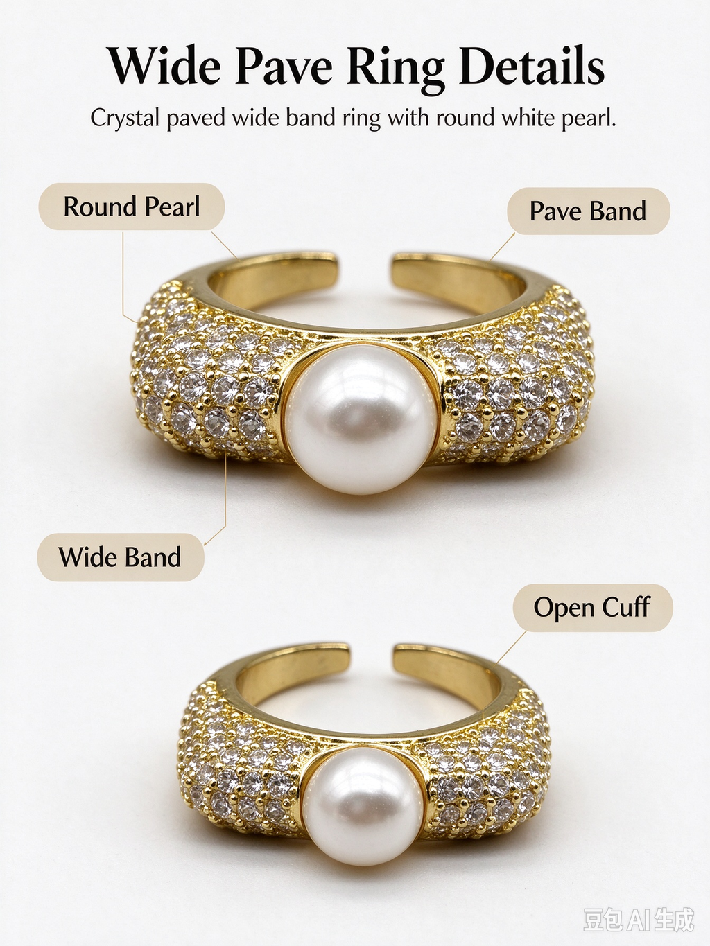 Pave CZ Encrusted Single Pearl Open Ring