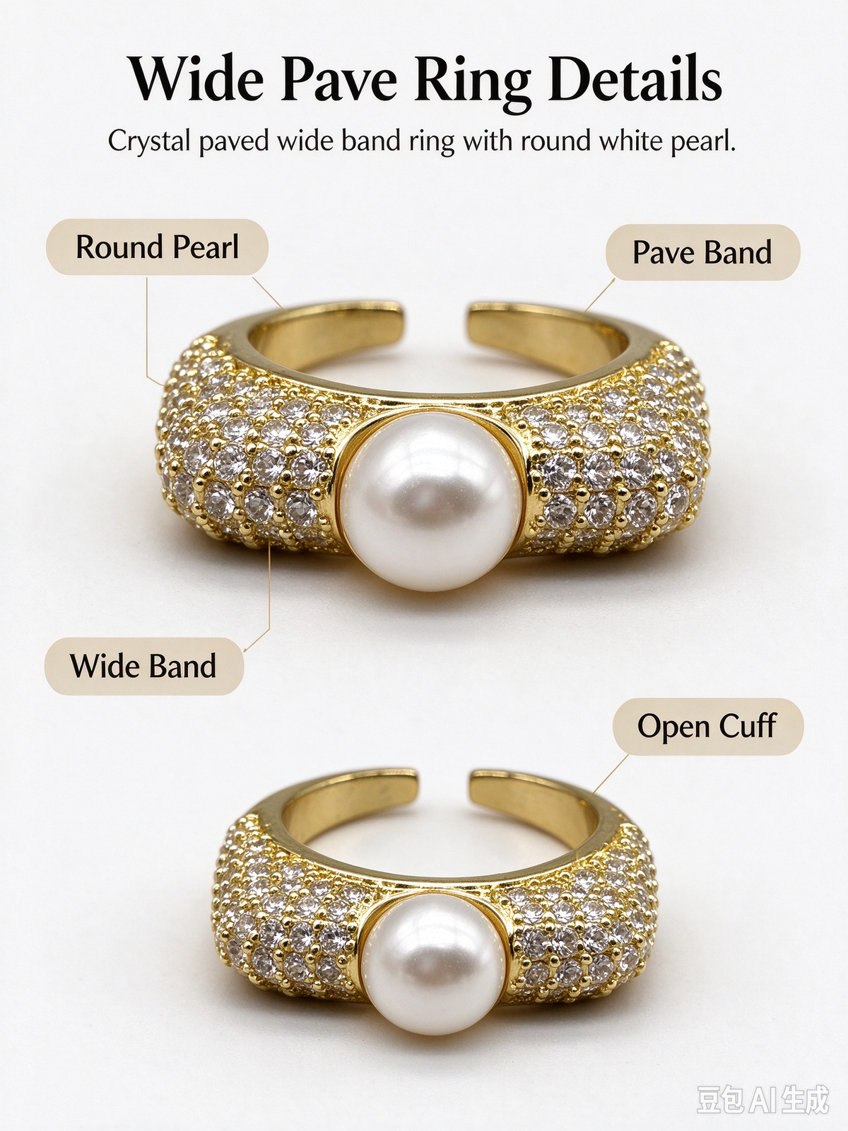 Pave CZ Encrusted Single Pearl Open Ring