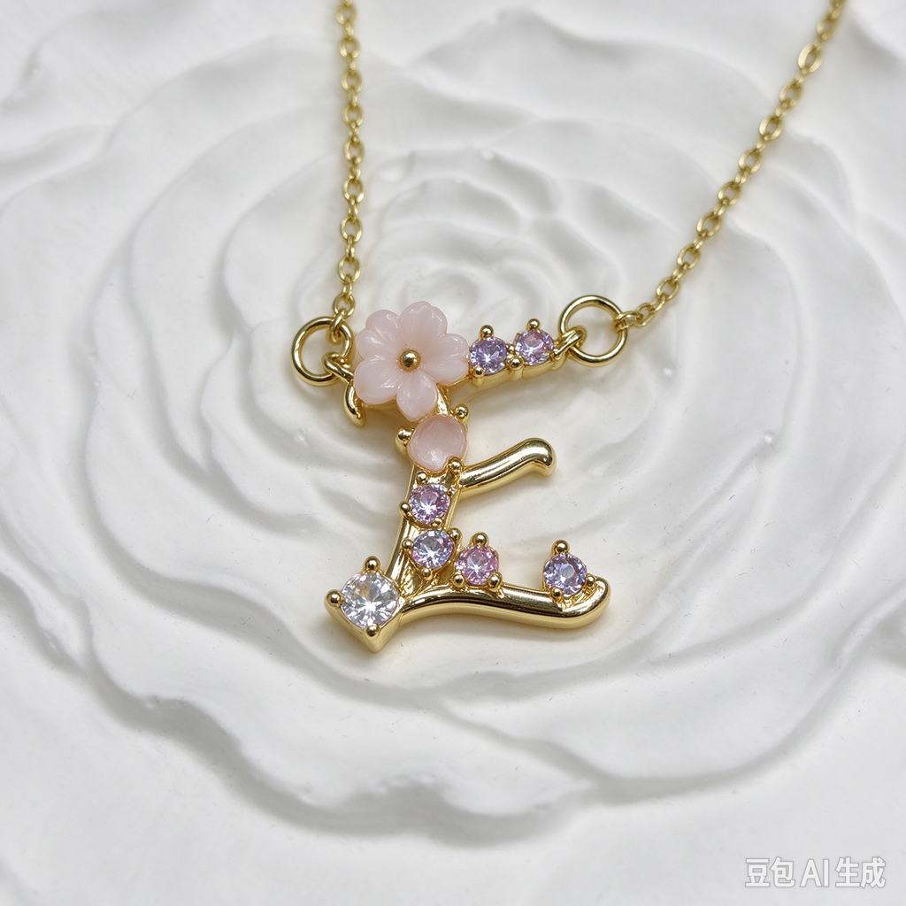 Dainty Gold Floral Letter E Initial Necklace, Pink Flower & Multicolor Crystal Pendant, Romantic Women Letter Jewelry Gift（副本）