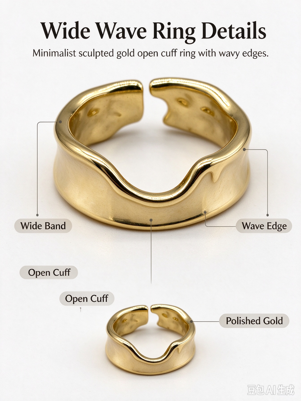 Wavy Cream Enamel Gold Open Adjustable Ring