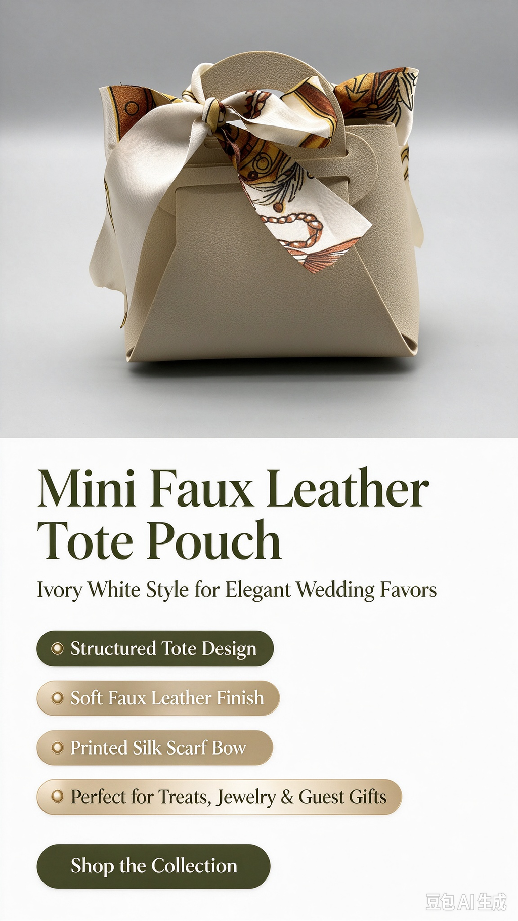 Beige Mini Faux Leather Tote Pouch, Small Gift Bag with Printed Silk Scarf Bow for Wedding Favors, Bridal Shower, Party Candy & Guest Gifts