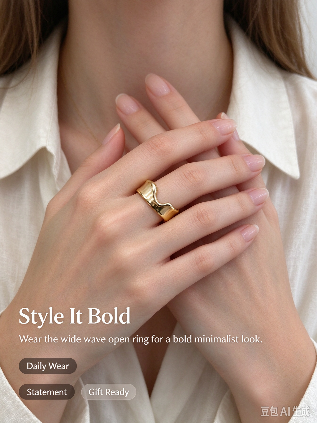 Wavy Cream Enamel Gold Open Adjustable Ring
