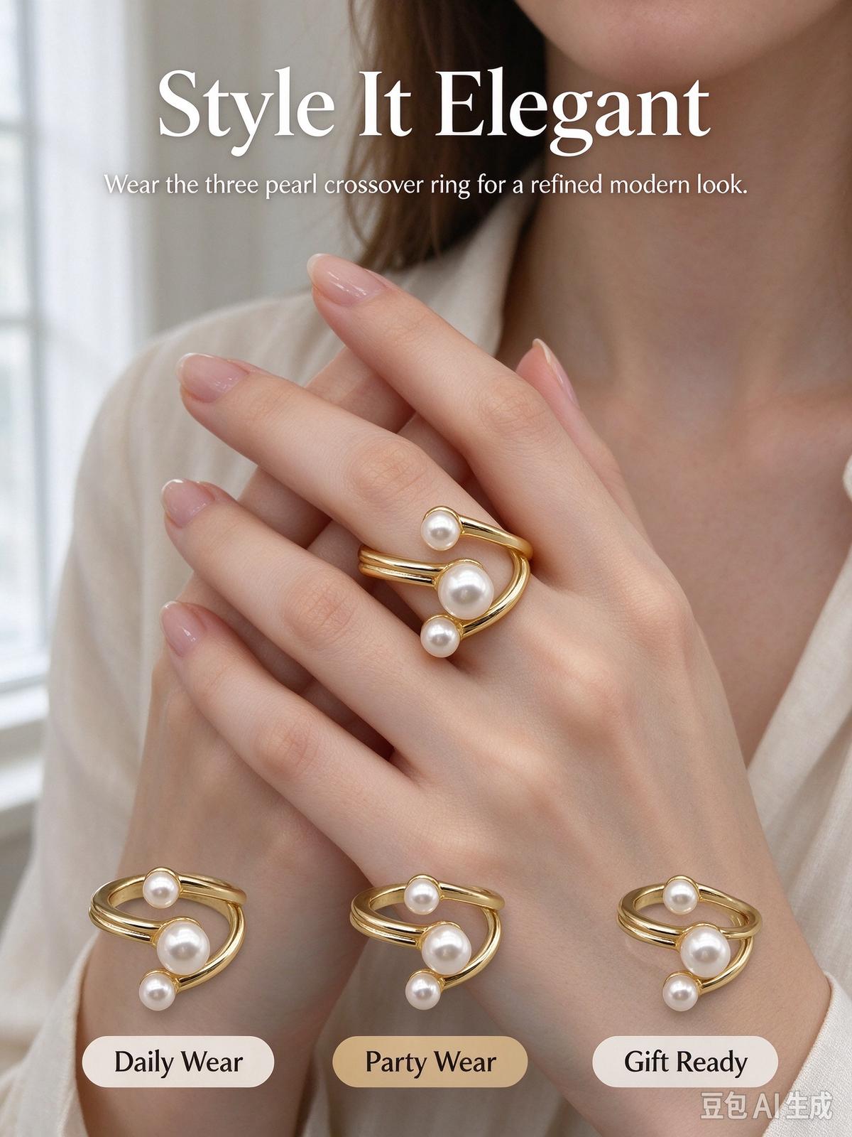 Gold Spiral Open Ring, Three White Imitation Pearls Twisted Band Adjustable Cuff Ring for Women