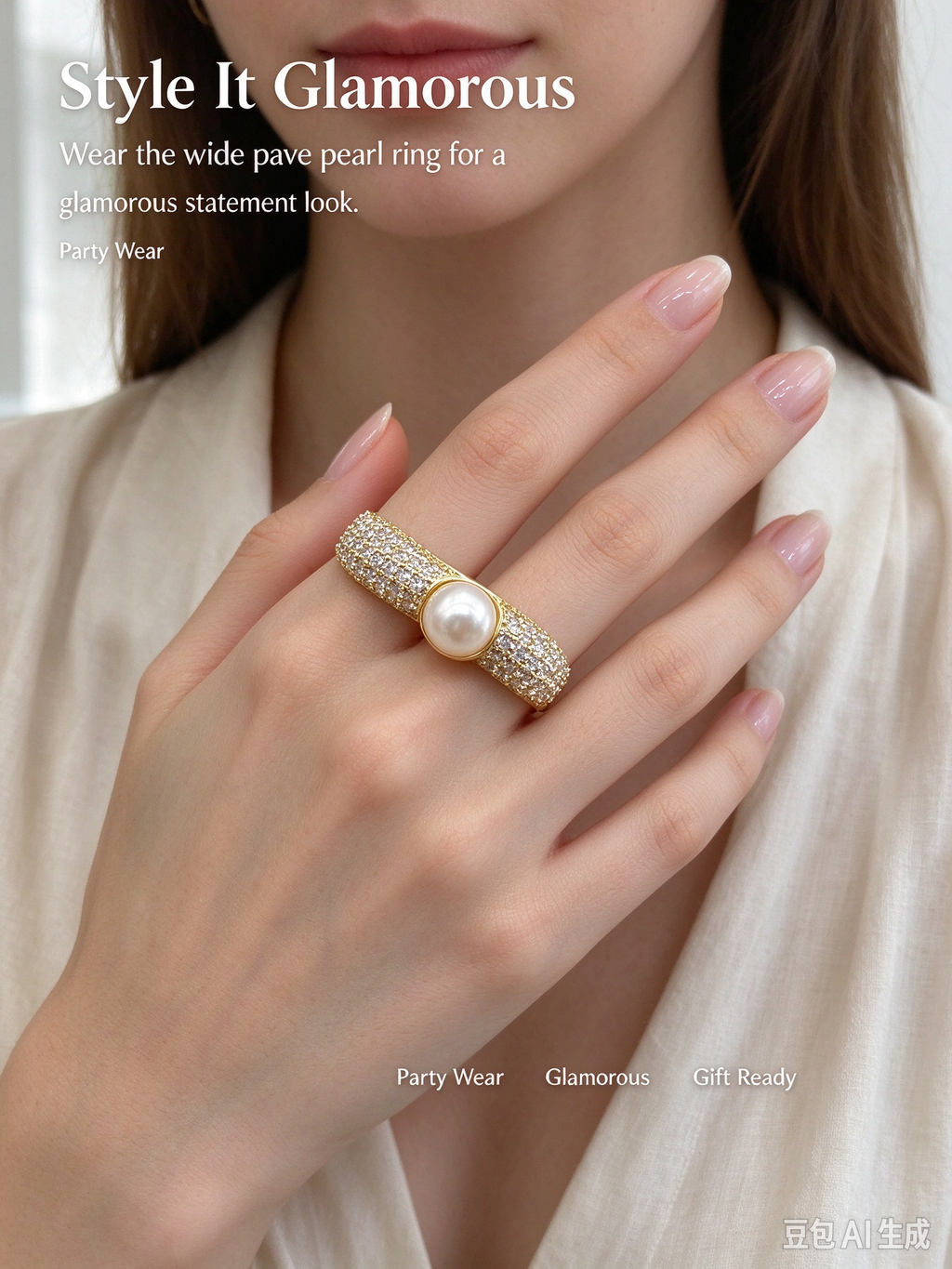 Pave CZ Encrusted Single Pearl Open Ring