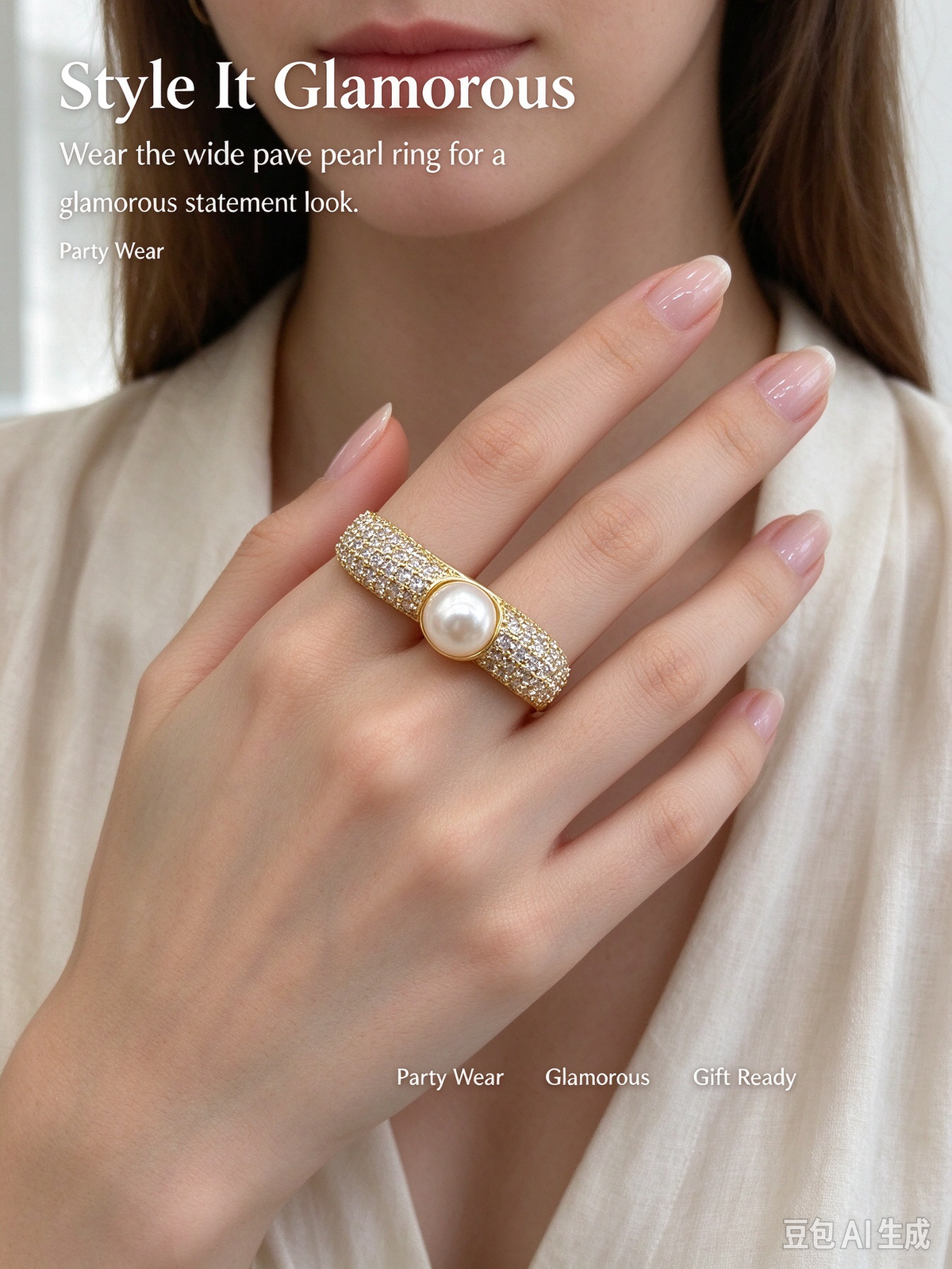 Pave CZ Encrusted Single Pearl Open Ring