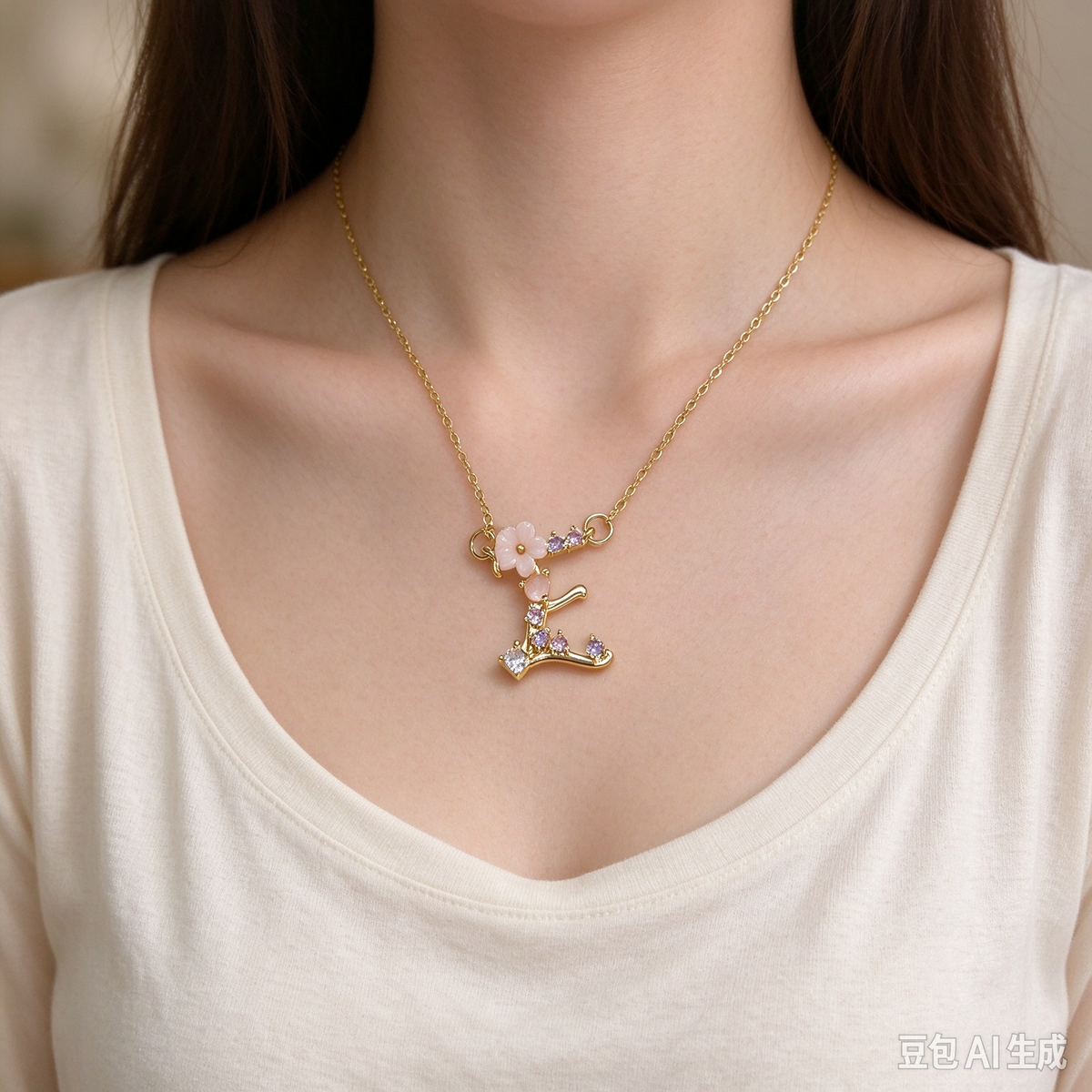 Dainty Gold Floral Letter E Initial Necklace, Pink Flower & Multicolor Crystal Pendant, Romantic Women Letter Jewelry Gift（副本）