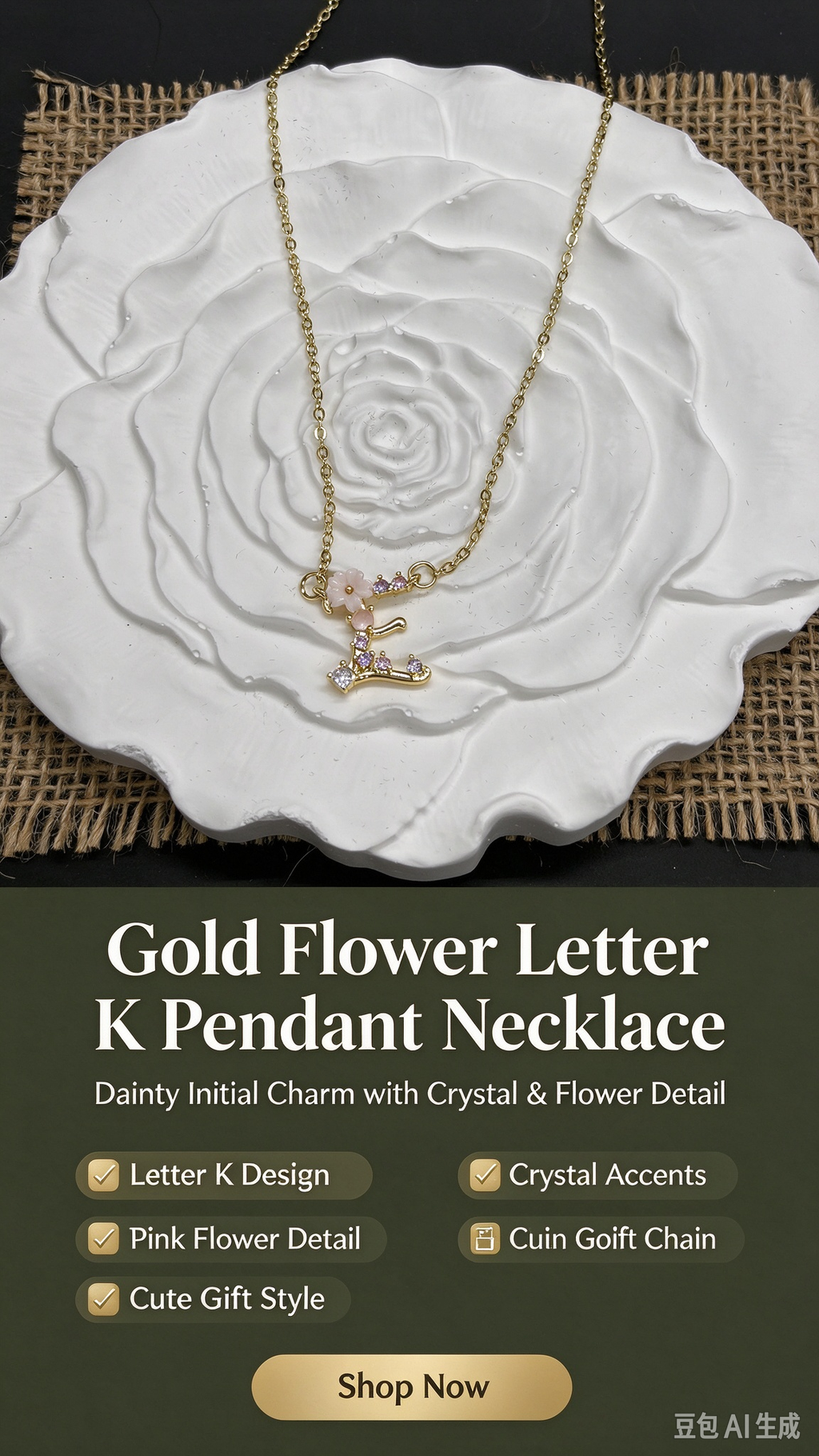 Dainty Gold Floral Letter E Initial Necklace, Pink Flower & Multicolor Crystal Pendant, Romantic Women Letter Jewelry Gift（副本）