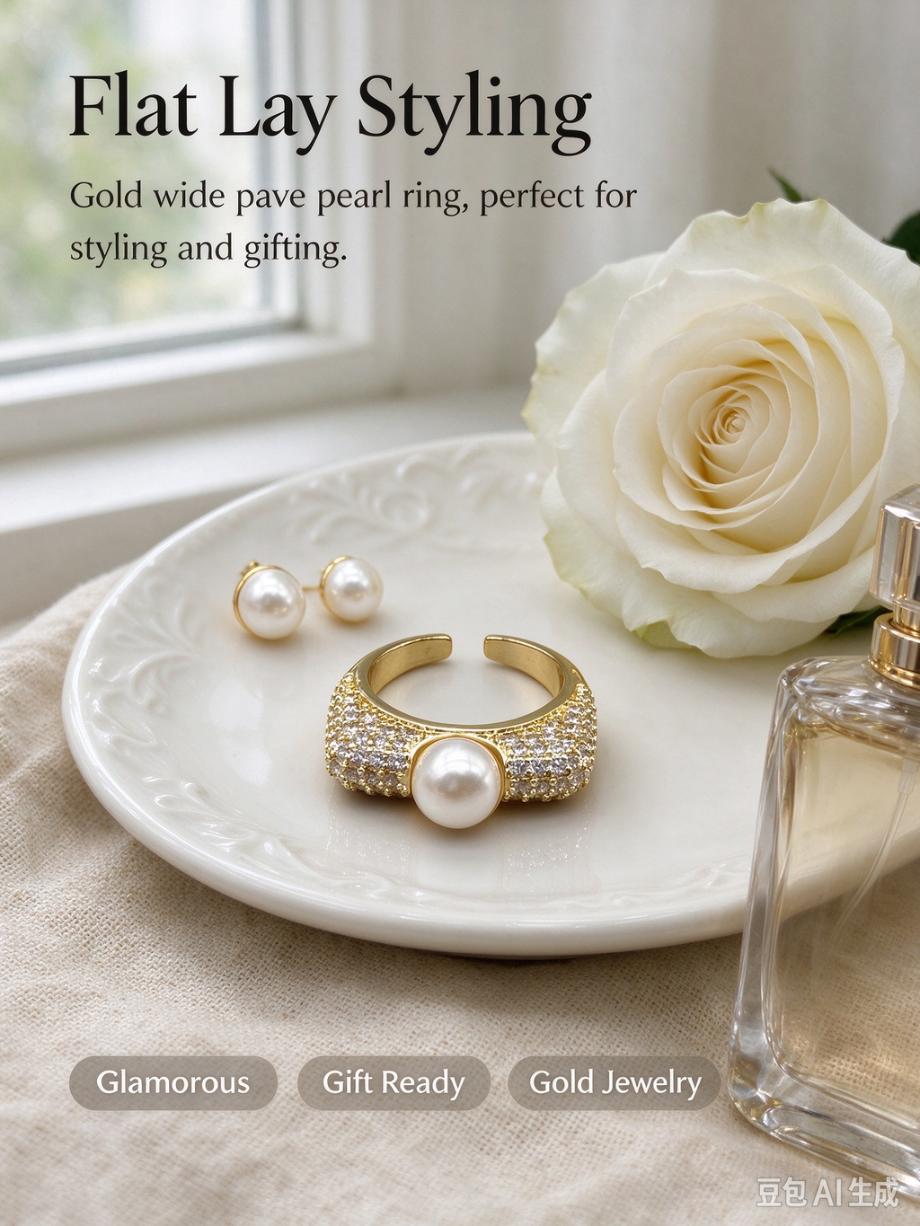 Pave CZ Encrusted Single Pearl Open Ring
