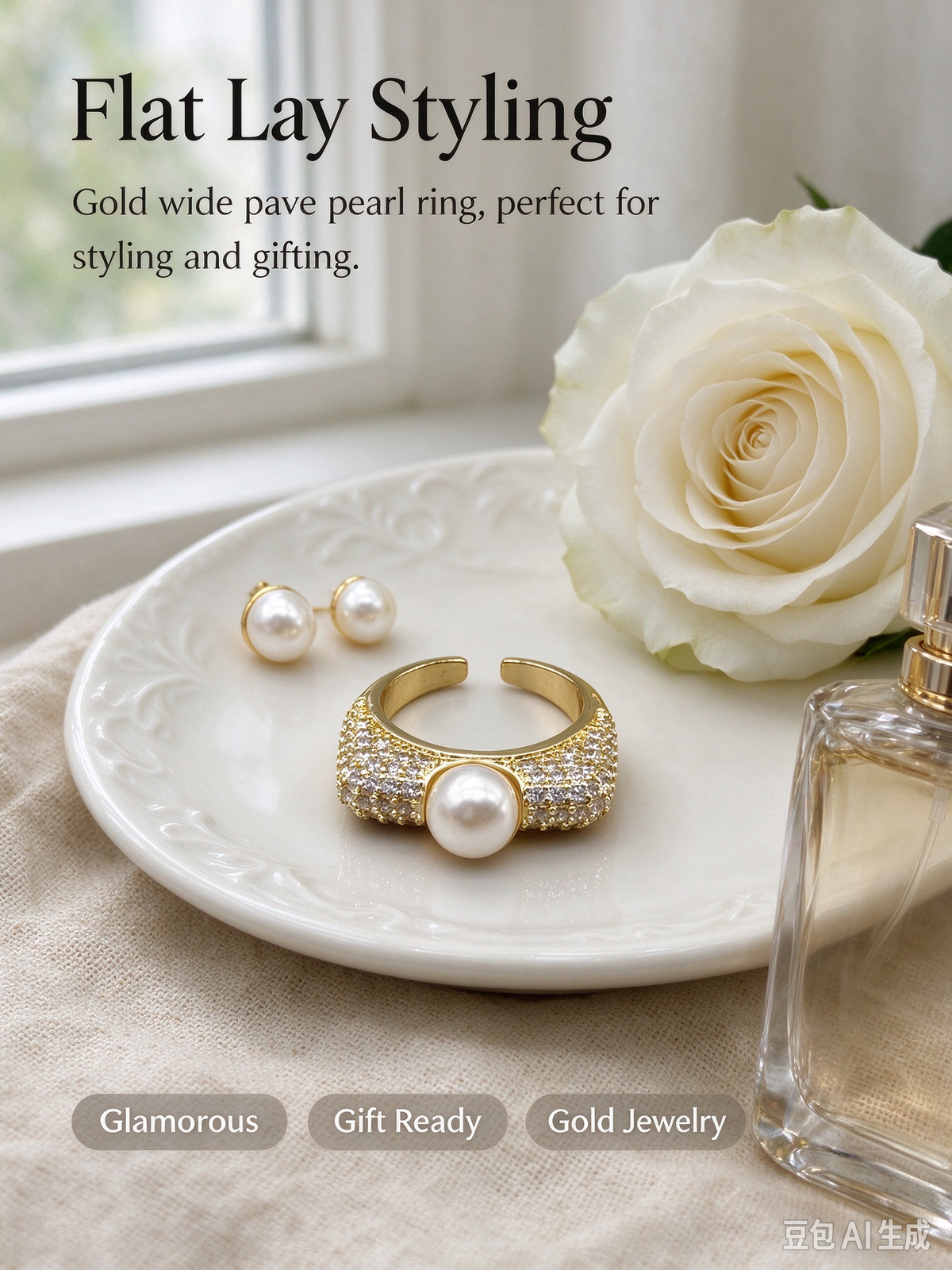 Pave CZ Encrusted Single Pearl Open Ring