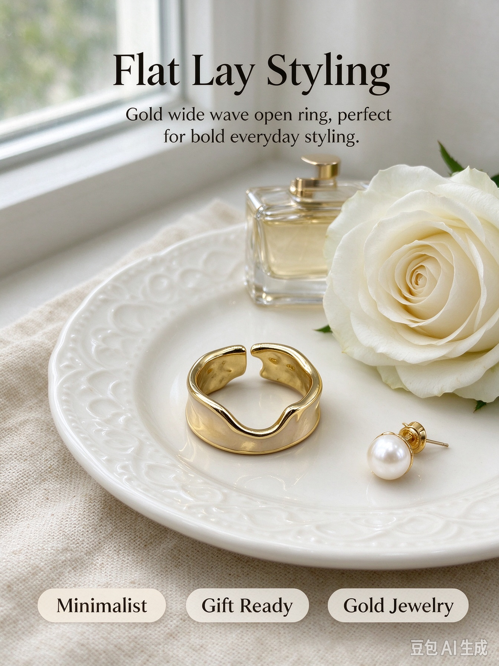 Wavy Cream Enamel Gold Open Adjustable Ring