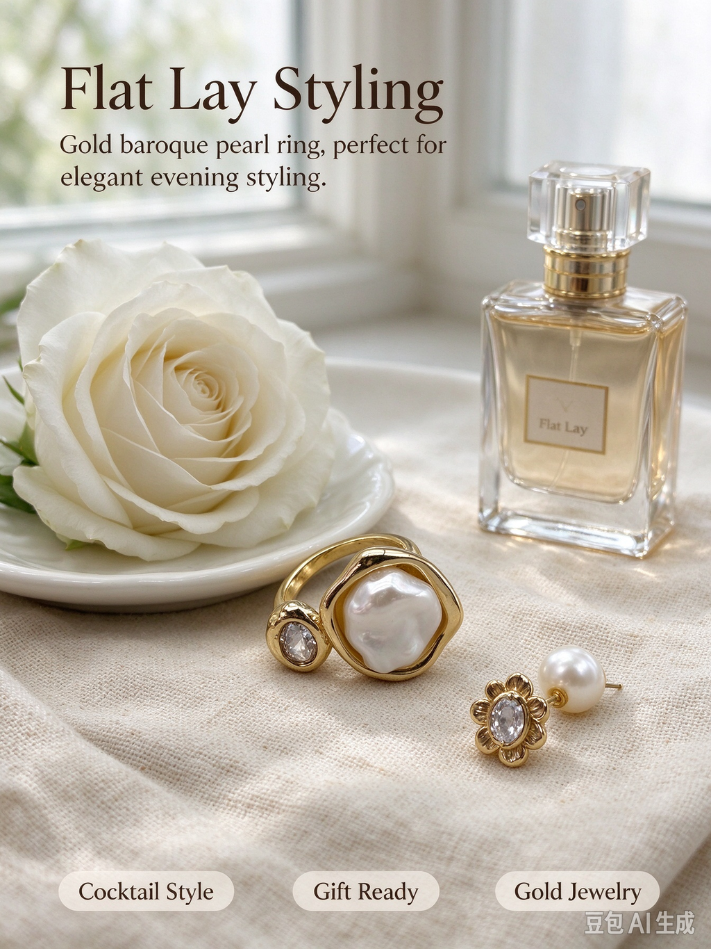 Gold Adjustable Open Ring, Baroque Faux Pearl with Crystal Statement Ring for Women