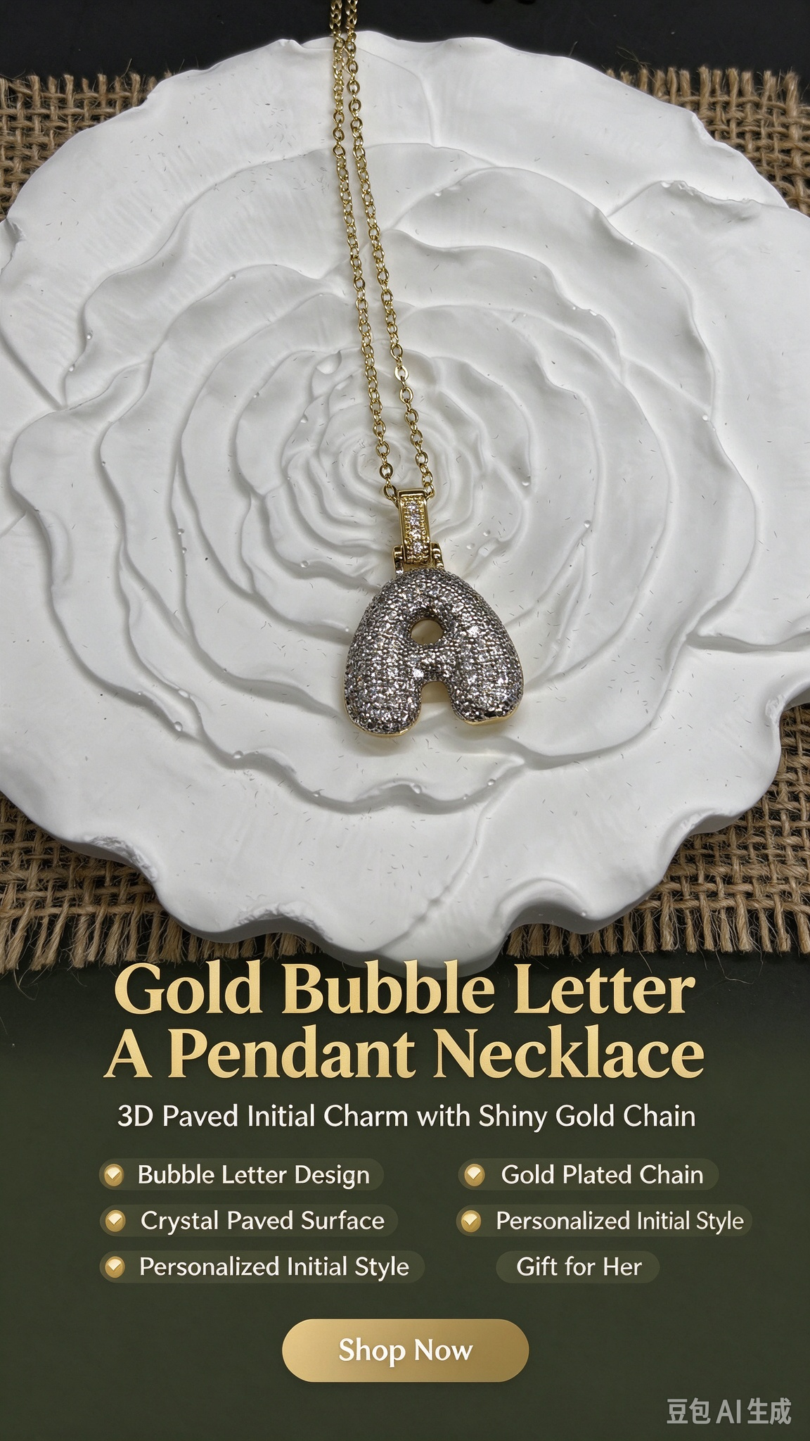 Gold Plated Bubble Letter A Necklace, Iced Out Rhinestone Initial Pendant, Personalized Letter Jewelry Gift