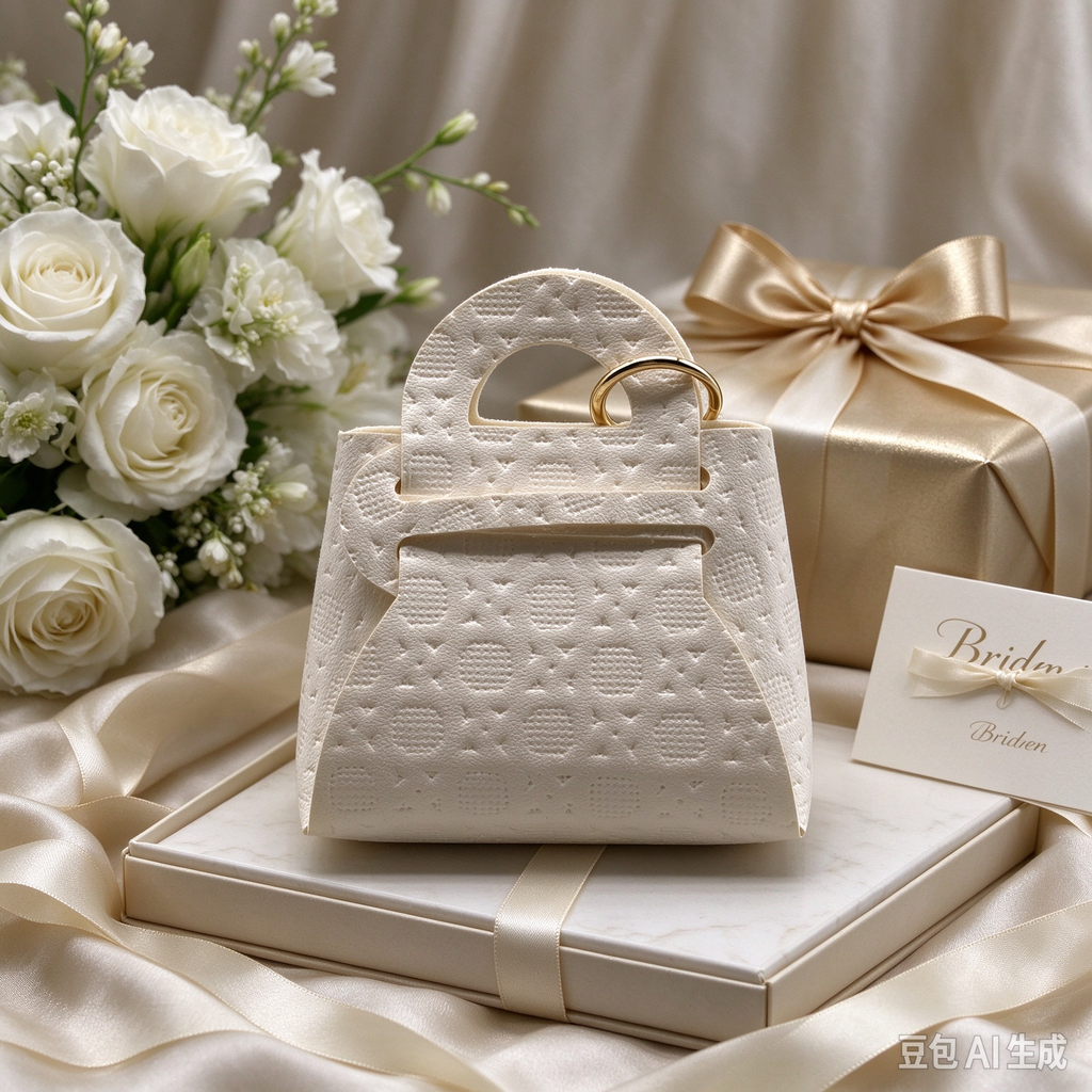 Beige Press Pattern Top Handle Pouch, Elegant Mini Gift Bag with Gold-Tone Ring for Wedding Favors, Bridal Shower, Party Candy & Guest Gifts
