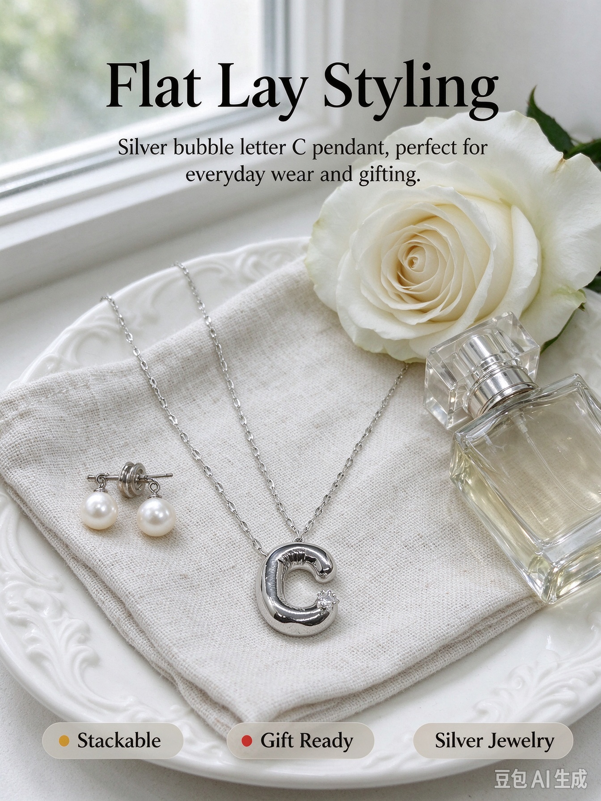 Silver Bubble Letter C Initial Necklace, 3D Puffy Alphabet Pendant with CZ Crystal, Lip Chain Collarbone Necklace for Women