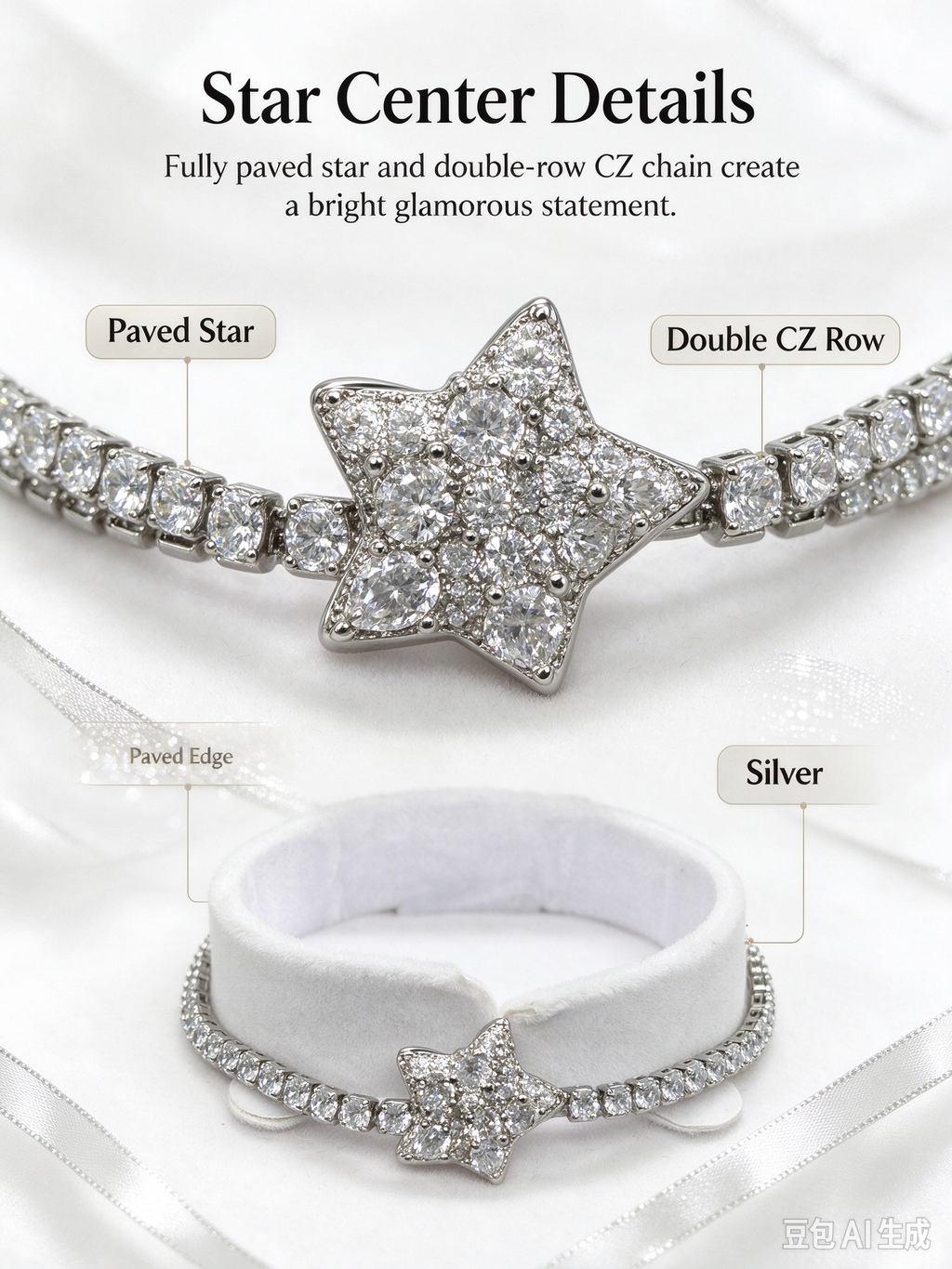 Sparkling Star Tennis Bracelet, Full Paved Cubic Zirconia Statement Bracelet