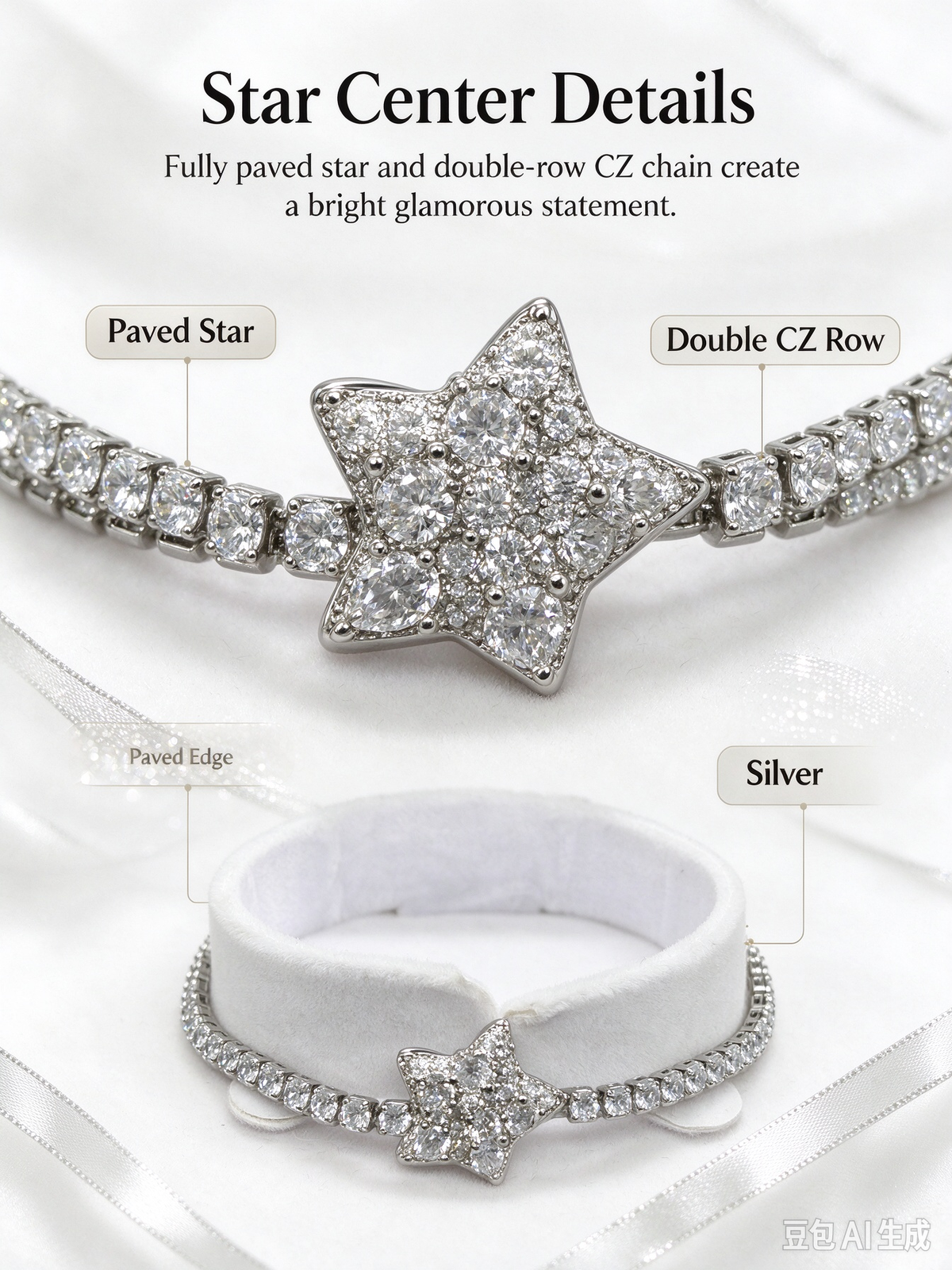 Sparkling Star Tennis Bracelet, Full Paved Cubic Zirconia Statement Bracelet