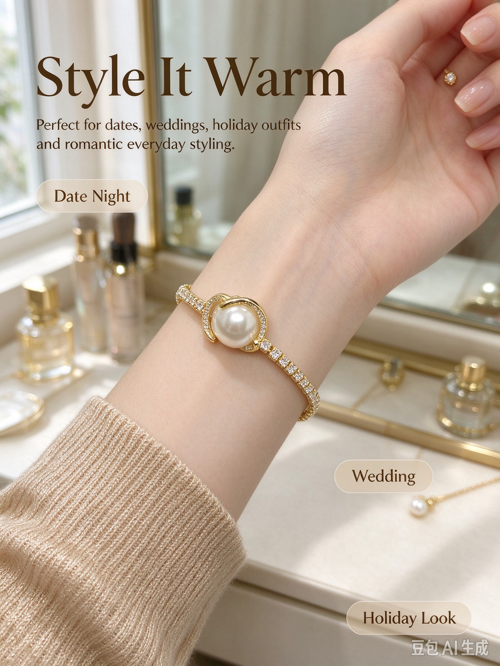 Gold Pearl & CZ Wreath Tennis Bracelet, Retro Elegant Pearl Charm Bracelet