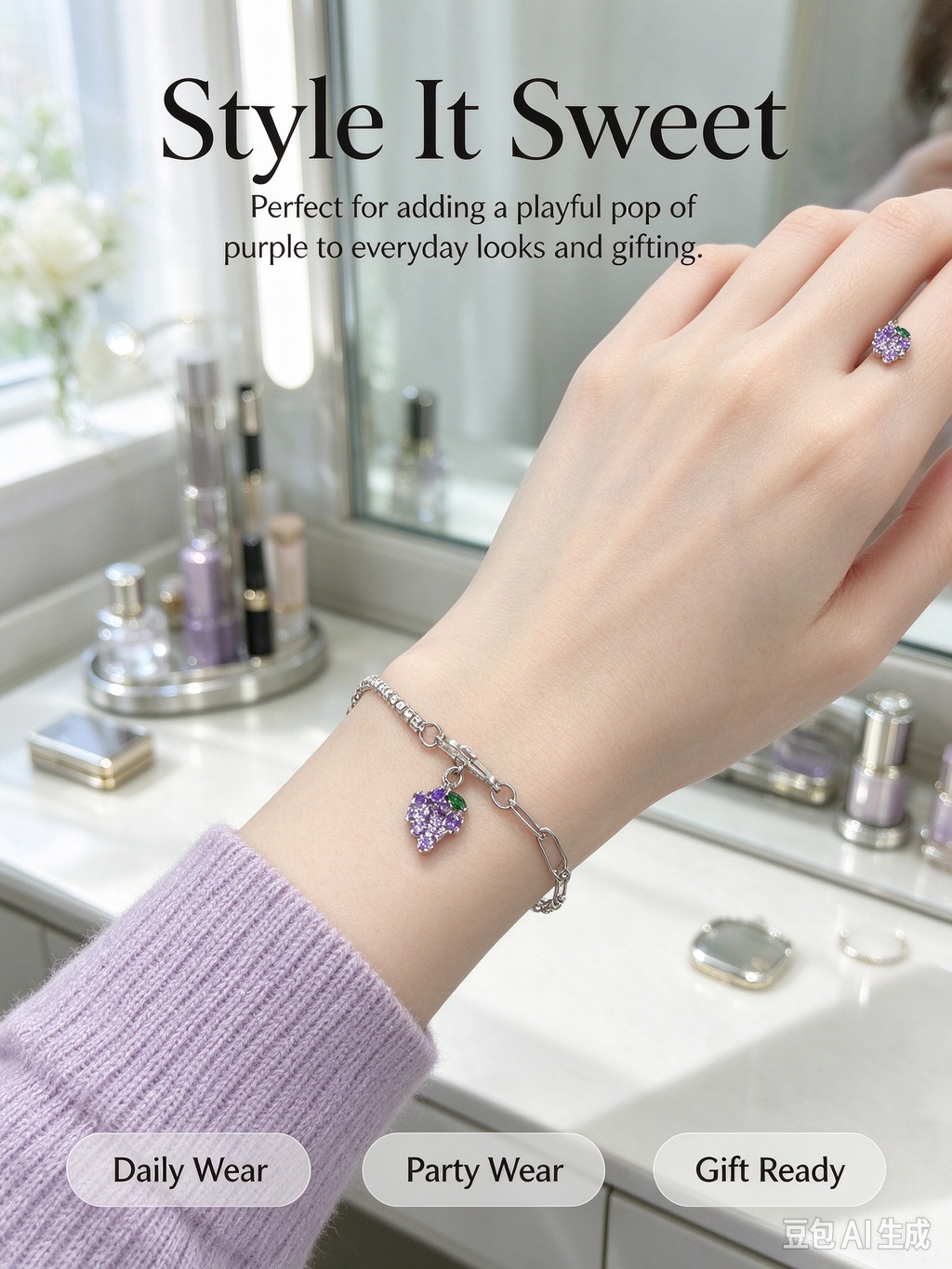 Silver Two-Style Chain Bracelet, Purple CZ Grape Charm Mixed Link Bracelet