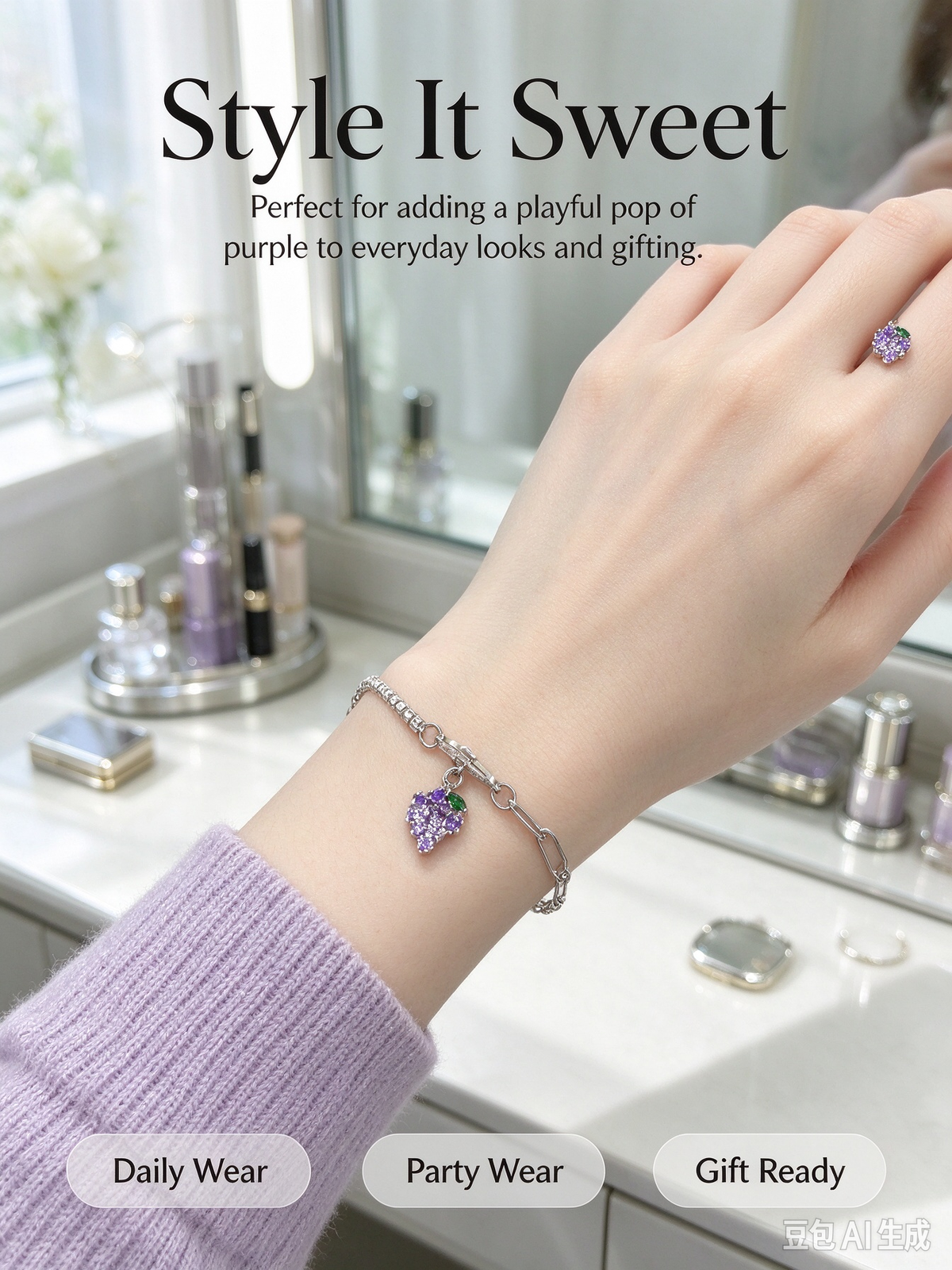 Silver Two-Style Chain Bracelet, Purple CZ Grape Charm Mixed Link Bracelet