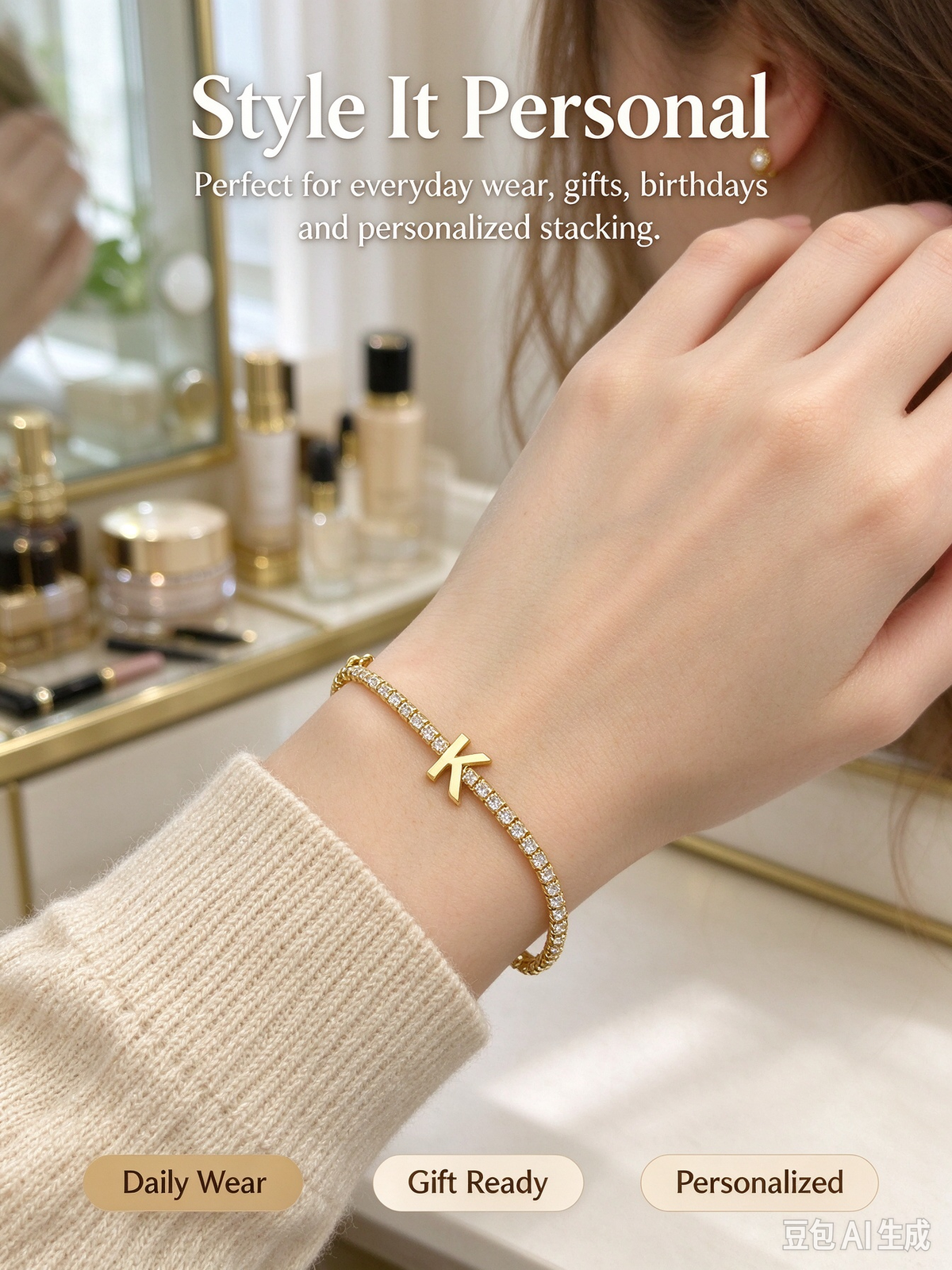Gold Tennis Chain Initial K Bracelet, Dainty Letter K Crystal Bracelet