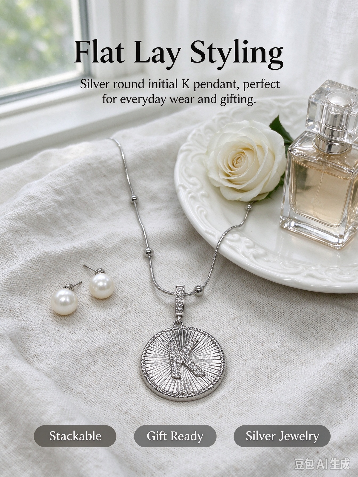 Sunburst K Initial Medallion Necklace, Silver Rhinestone Letter Pendant Snake Chain Necklace
