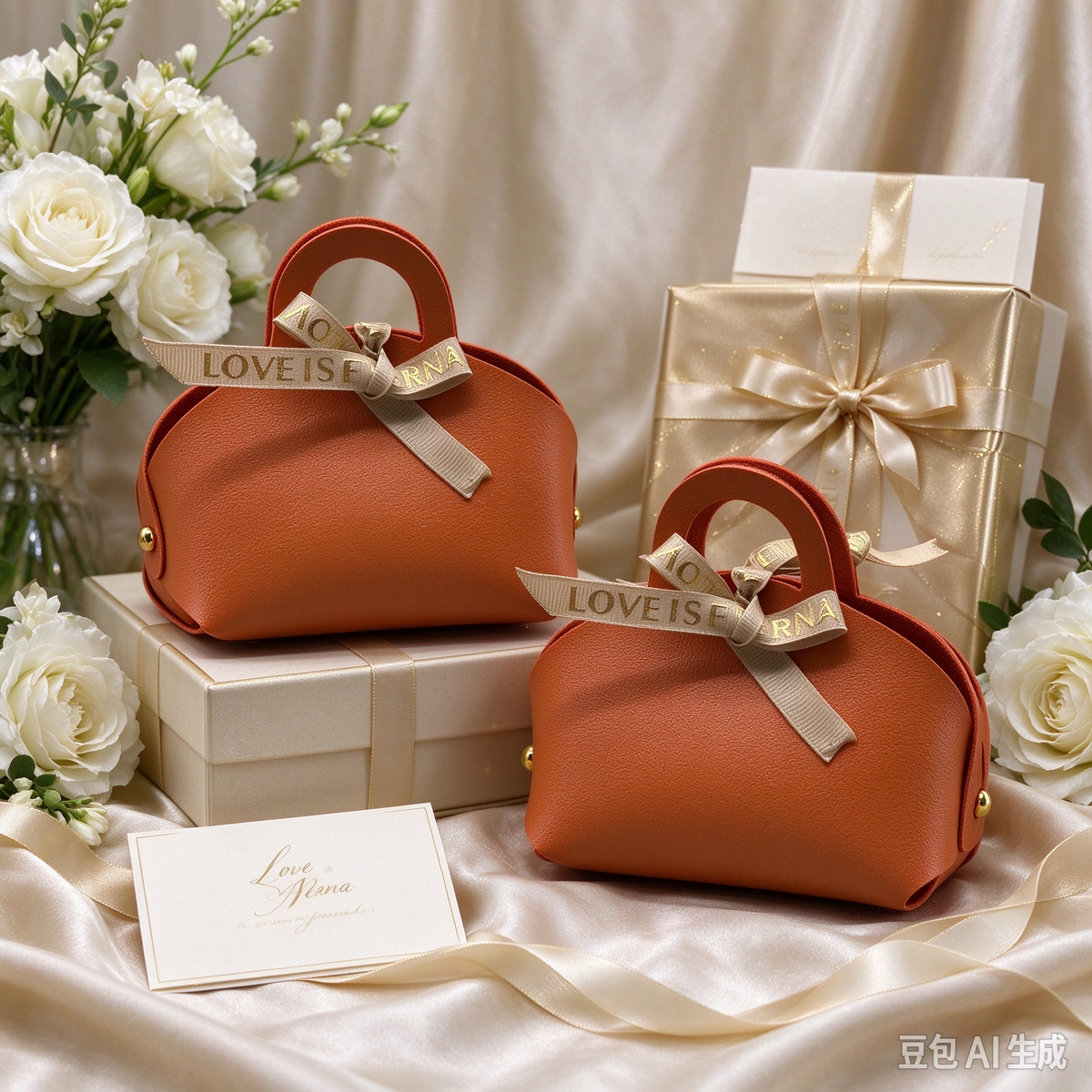 Orange Mini Faux Leather Tote Pouch with Delicate Letter Ribbon Bow, Small Gift Bag for Wedding Favors, Bridal Shower, Party Candy & Guest Gifts