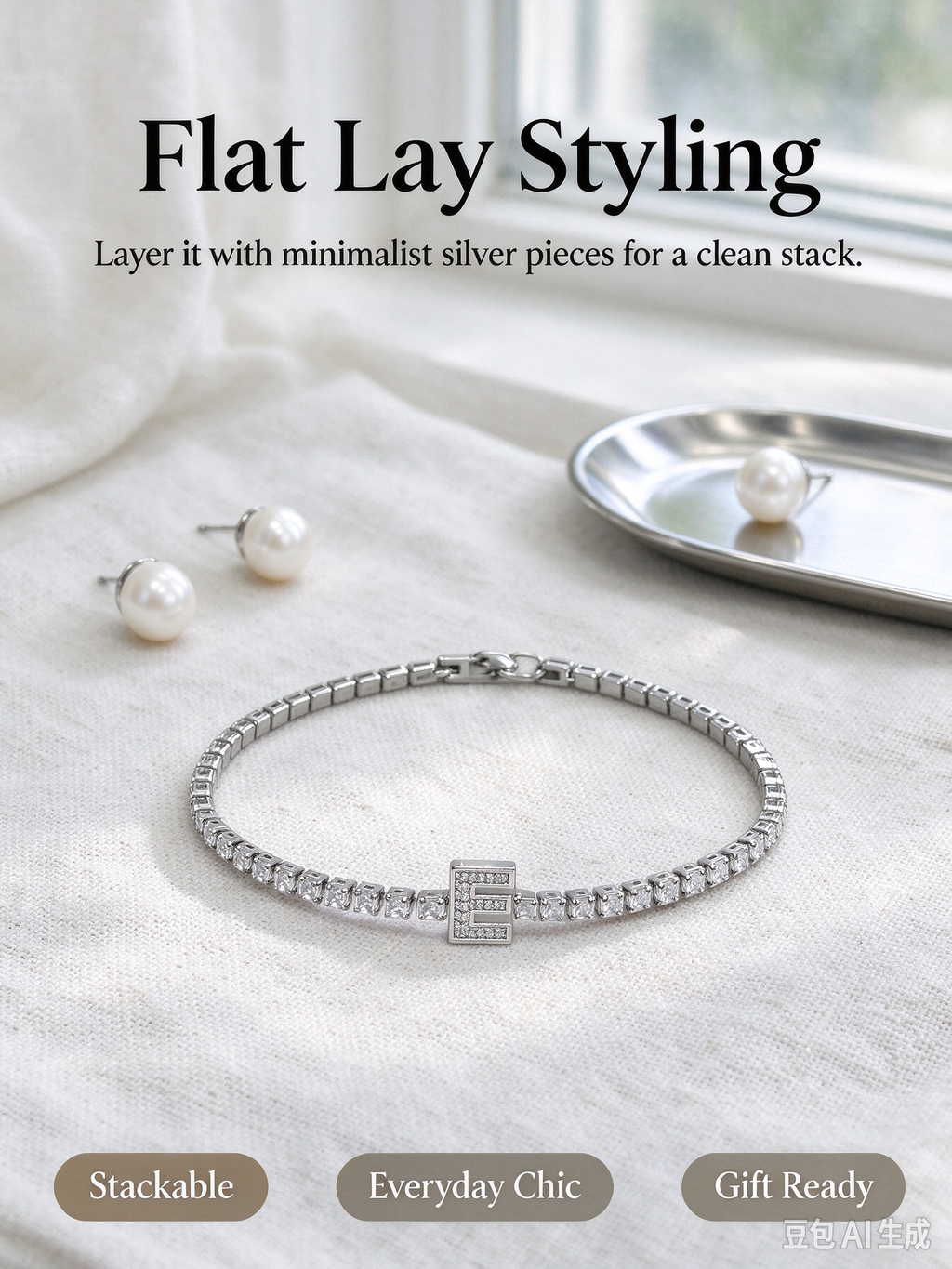 Silver Baguette CZ Tennis Bracelet, Rectangular Crystal Chain Bracelet with Letter E Charm for Women