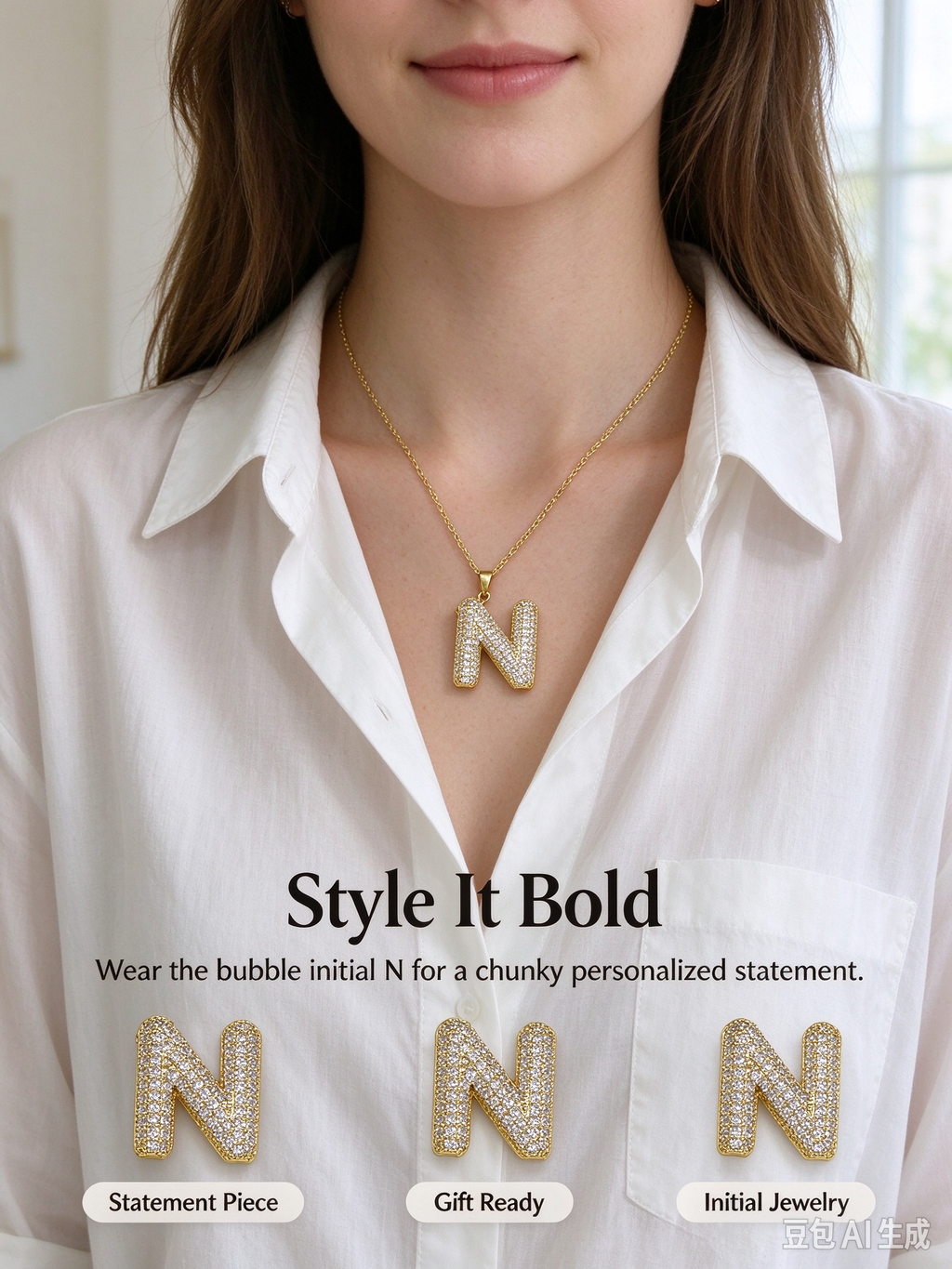 Gold Bubble Letter N Necklace, Full Pave CZ Bold Initial N Pendant Necklace