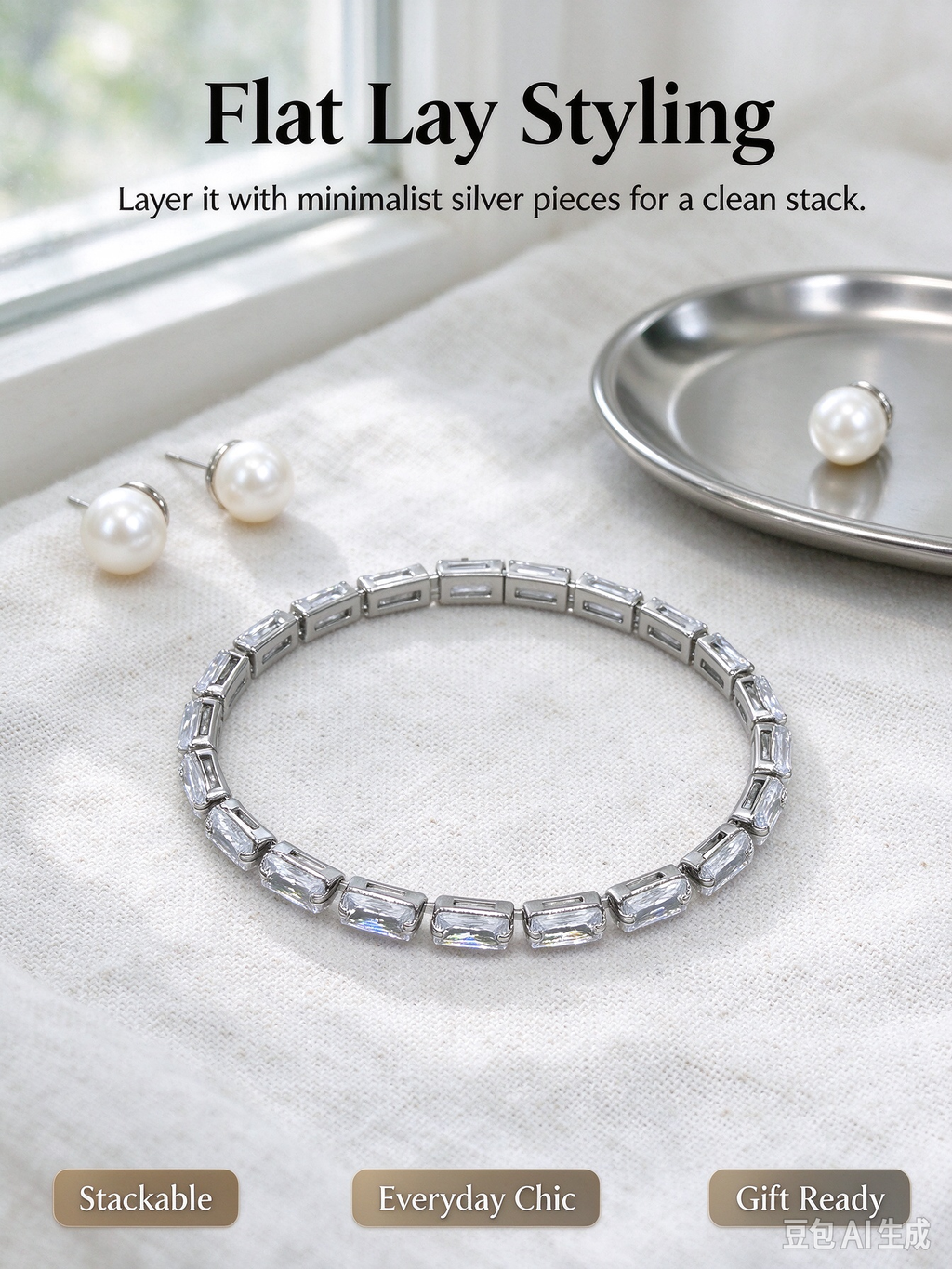 Silver Emerald Cut CZ Tennis Bracelet, Rectangular Clear Crystal Bracelet for Women