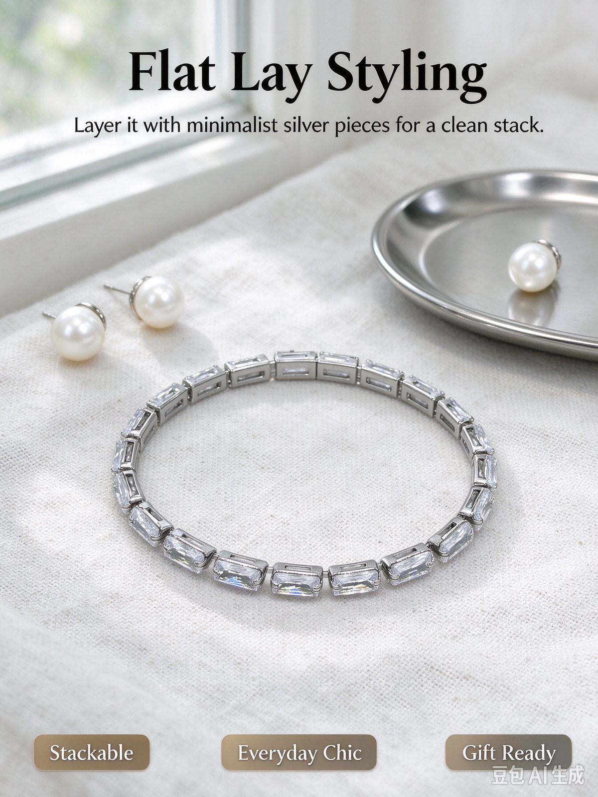 Silver Emerald Cut CZ Tennis Bracelet, Rectangular Clear Crystal Bracelet for Women