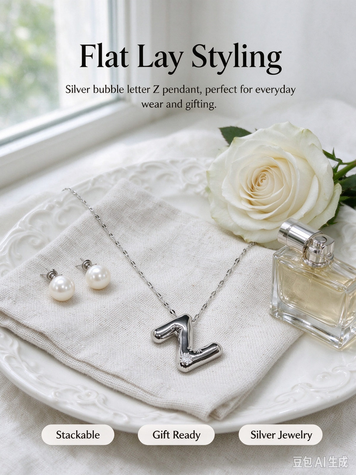 Silver Bubble Letter Z Initial Necklace, 3D Chunky Puffy Alphabet Pendant with CZ Crystal, Lip Chain Collarbone Necklace for Women